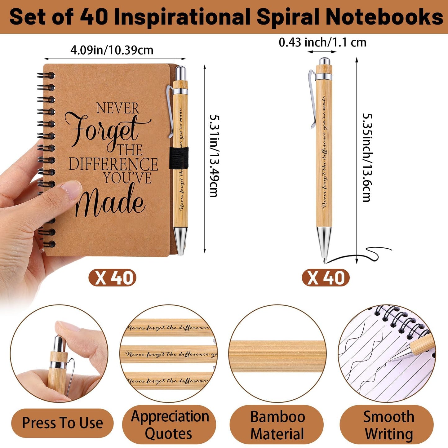 80 Pcs Employee Appreciation Gifts Inspirational Spiral Notebooks Bulk Motivational Journals Thank You Bamboo Ballpoint Pens for Nurse Teacher Coworker (NEVER FORGET)