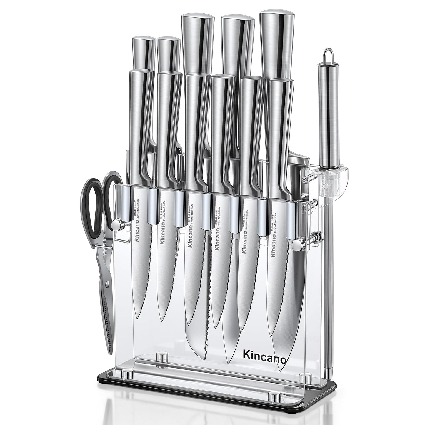 Knife Set, 14 PCS High Carbon Stainless Steel Super Sharp Kitchen Knife Set for Chef with Acrylic Stand, include Steak Knives, Sharpener and Scissors, Ergonomical Design by kincano