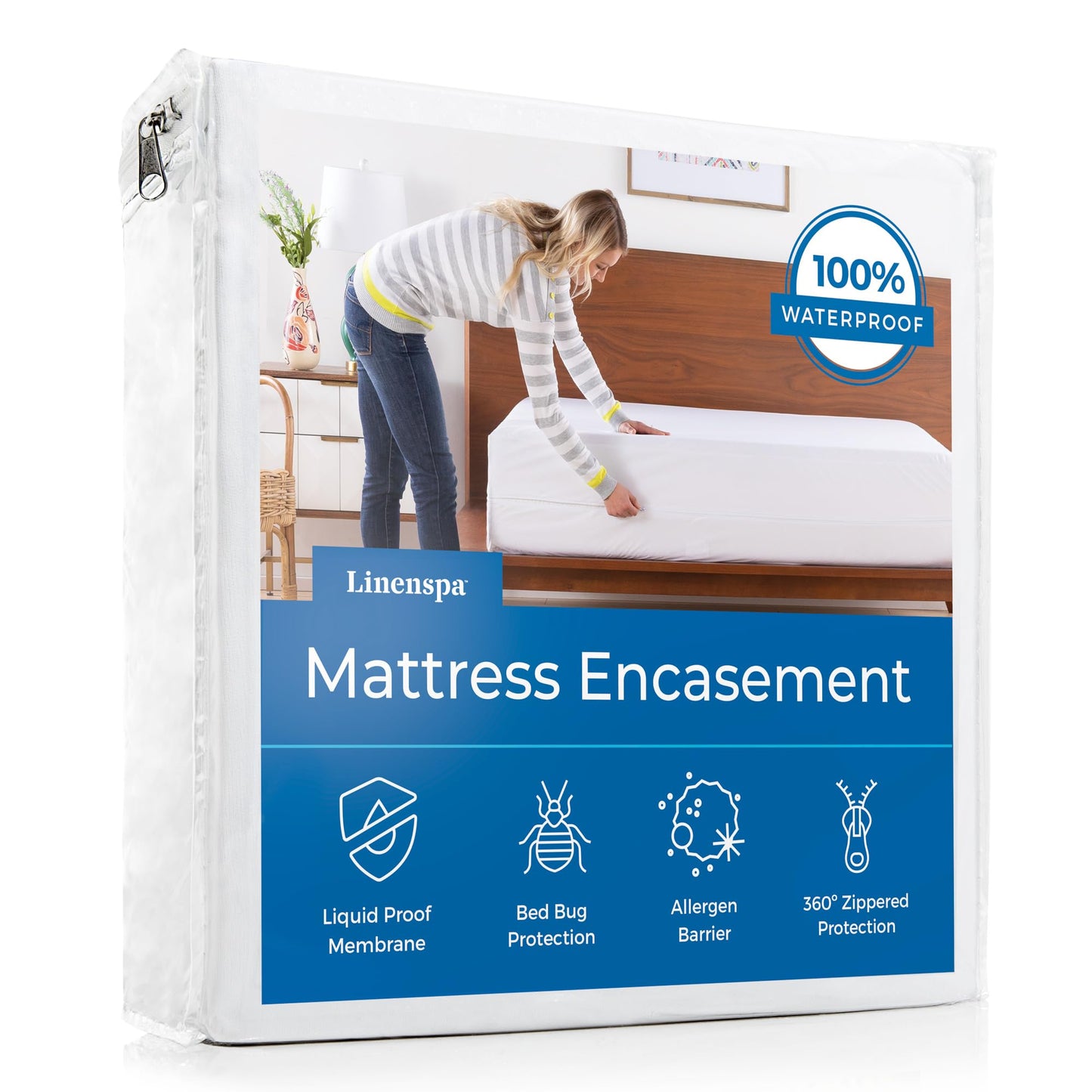 Linenspa Zippered Mattress Encasement – King Size Waterproof Mattress Protector – Quiet Cover & Complete protection – Dorm Room Essentials, White