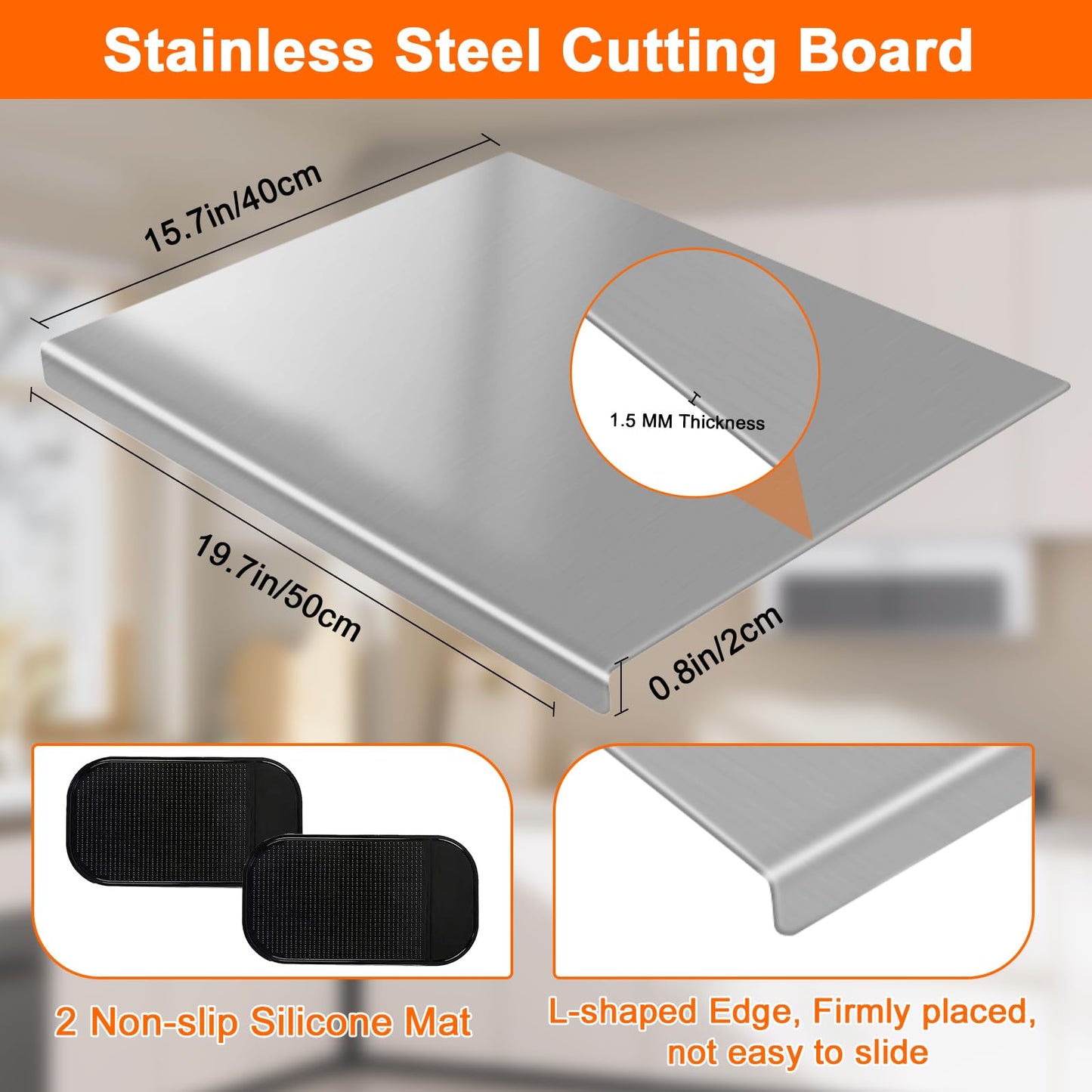 Large Stainless Steel Cutting Board with Lip, Yoposeo Heavy Duty Baking Cutting Chopping Boards for Kitchen, Meat, Fruits, Vegetables, Bread and Baking (19.7" X 15.7"/ 50 X 40cm)