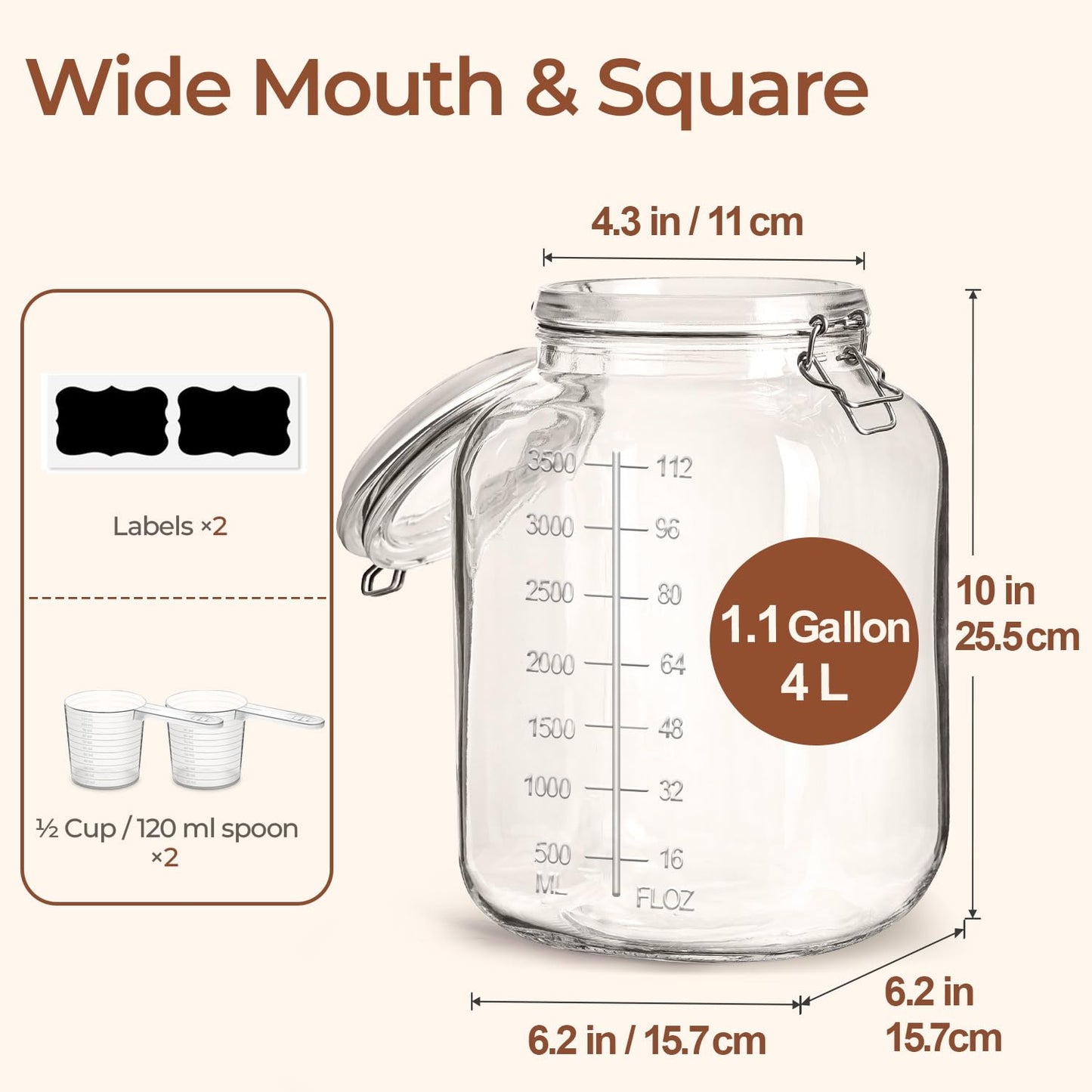 ComSaf 1 Gallon Square Glass Jars with Airtight Lids (135oz, Set of 2), Extra-Wide Mouth Canisters with Measurement Marks for Bulk Flour Storage, Fermenting Kombucha & Pickling
