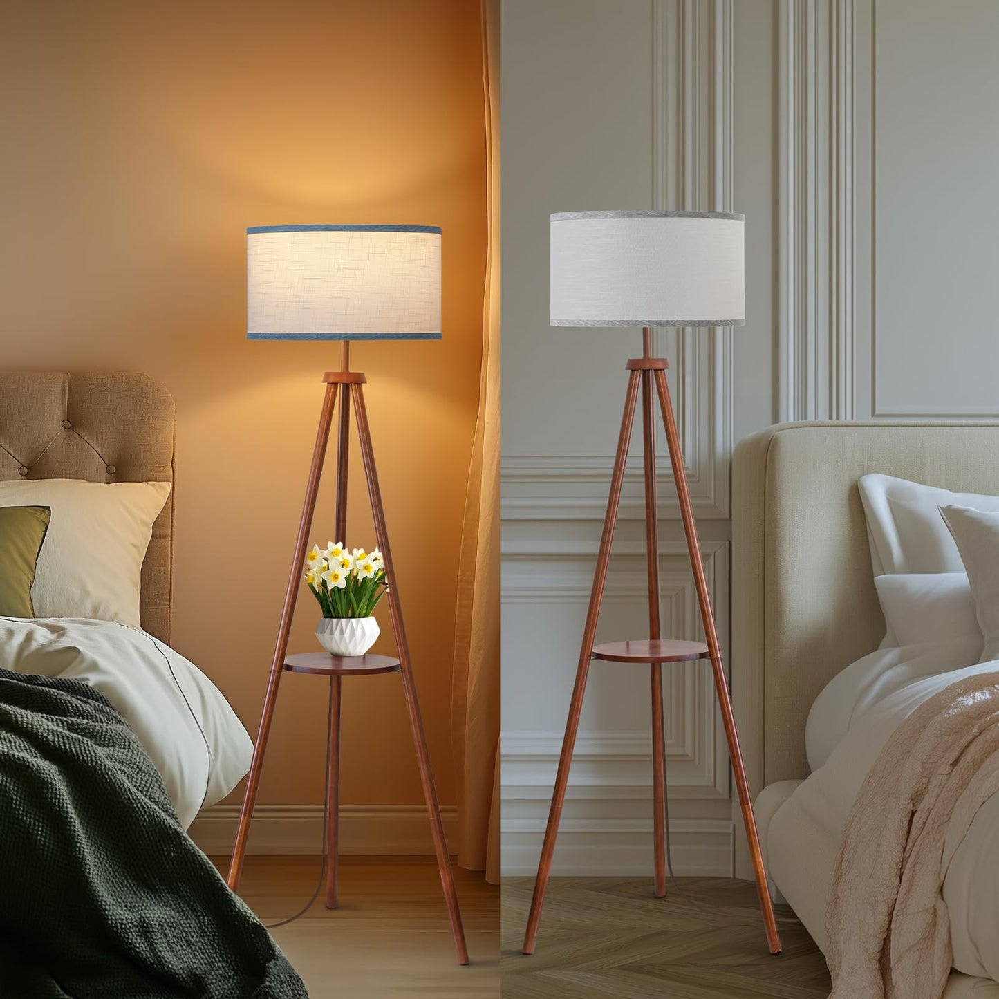 EOEYYOYB Floor Lamps for Living Room, Modern Standing Lamp with Shelf, 3 Color Temperature Led Bulb Tall Lamps with Foot Switch for Bedroom and Office, Walnut