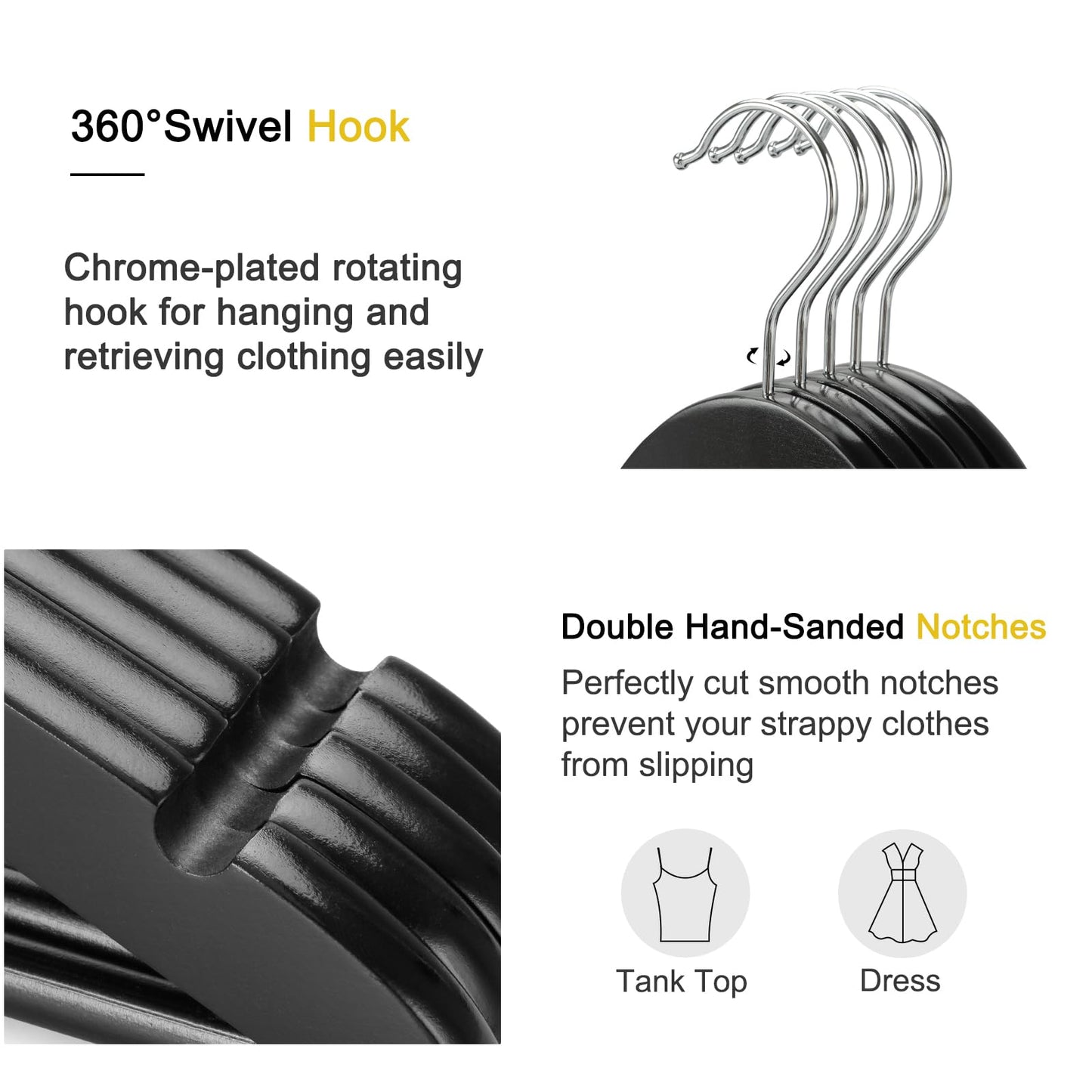 TOPIA HANGER Wooden Coat Hangers 30 Pack, Black Wood Suit Hangers, 360° Swivel Hook and Non-Slip Shoulder Notches for Camisole, Jacket, Pant, Shirt, Smooth Finished Clothes Hangers -CT54B30