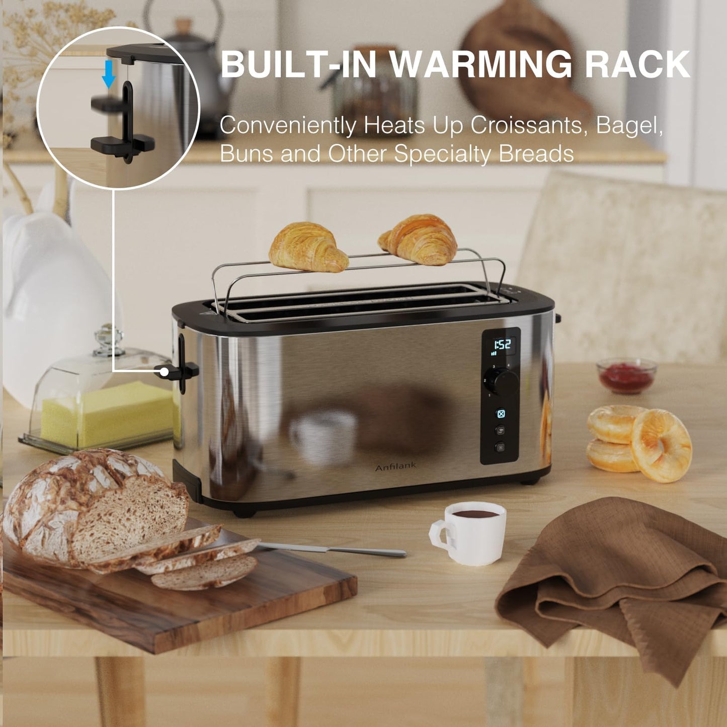 Anfilank Toaster 4 Slice with Countdown Timer, Extra Wide Slots for Bagels and Waffles, 6 Browning Settings, Removable Crumb Tray, Stainless Steel