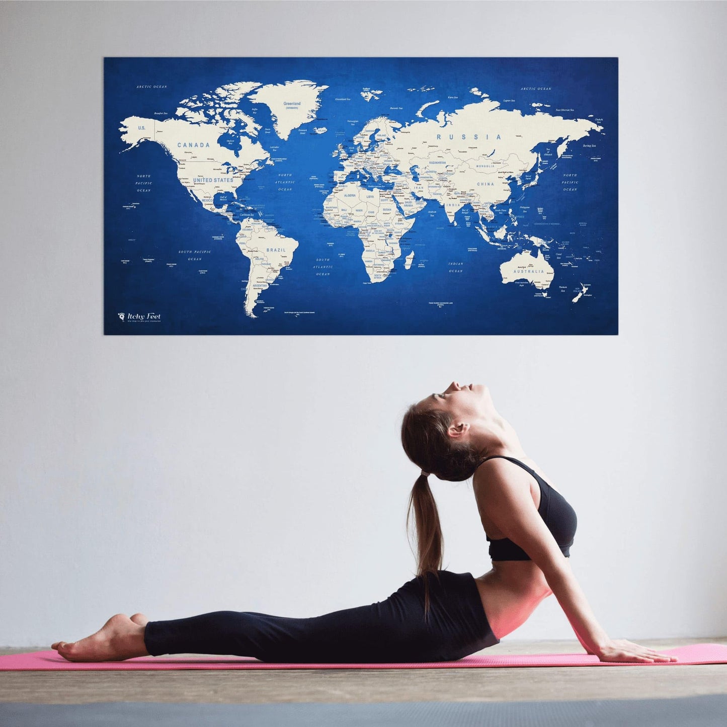 World Map XXL 51 x 28 inches in 'Error Blue', Fleece Wall Hanging as Travel Pin Board in Modern Wall Art Design, 20 Flag Push Pins Included