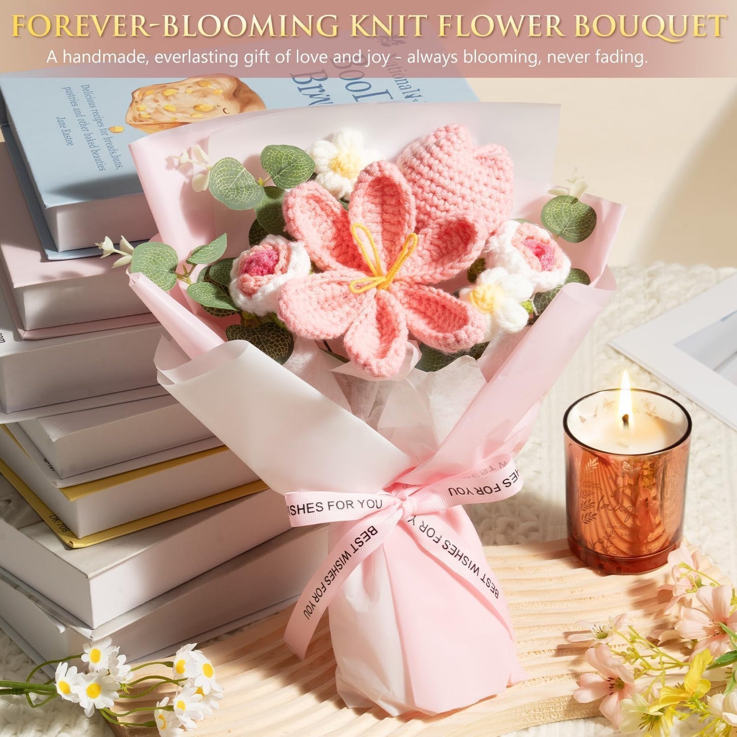 Birthday Gifts for Women Self Care Package Get Well Soon Gift Baskets, Thinking of You Sympathy Gift Set w/ Crochet Flower Bouquet, Unique Christmas Spa Gifts for Women Mom Her Best Friend Sister Wife