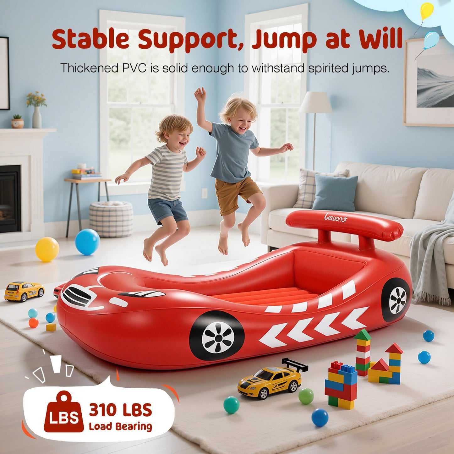 Lewondr Inflatable Kids Bed, Racecar Toddler Air Mattress with Safety Bumpers, Toddler Blow up Mattress with Hand Pump, Portable Toddler Travel Bed for Camping, Sleepovers, Vacation & Home, Red