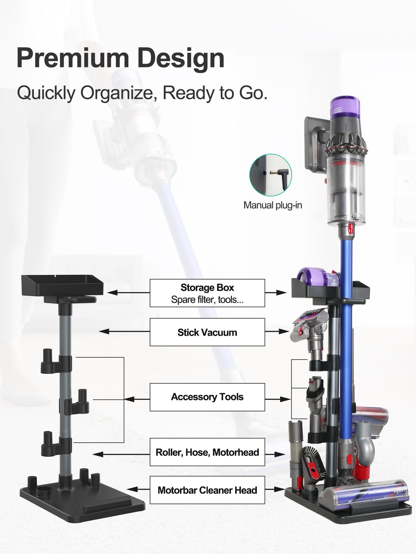 SheildOn Cordless Vacuum Stand, Adjustable Height, 7 Accessory Holders, Storage Box, Vac Standing Dock Compatible with Stick Vacuum Cleaners (Max. 1 4/5" Vac Wand)