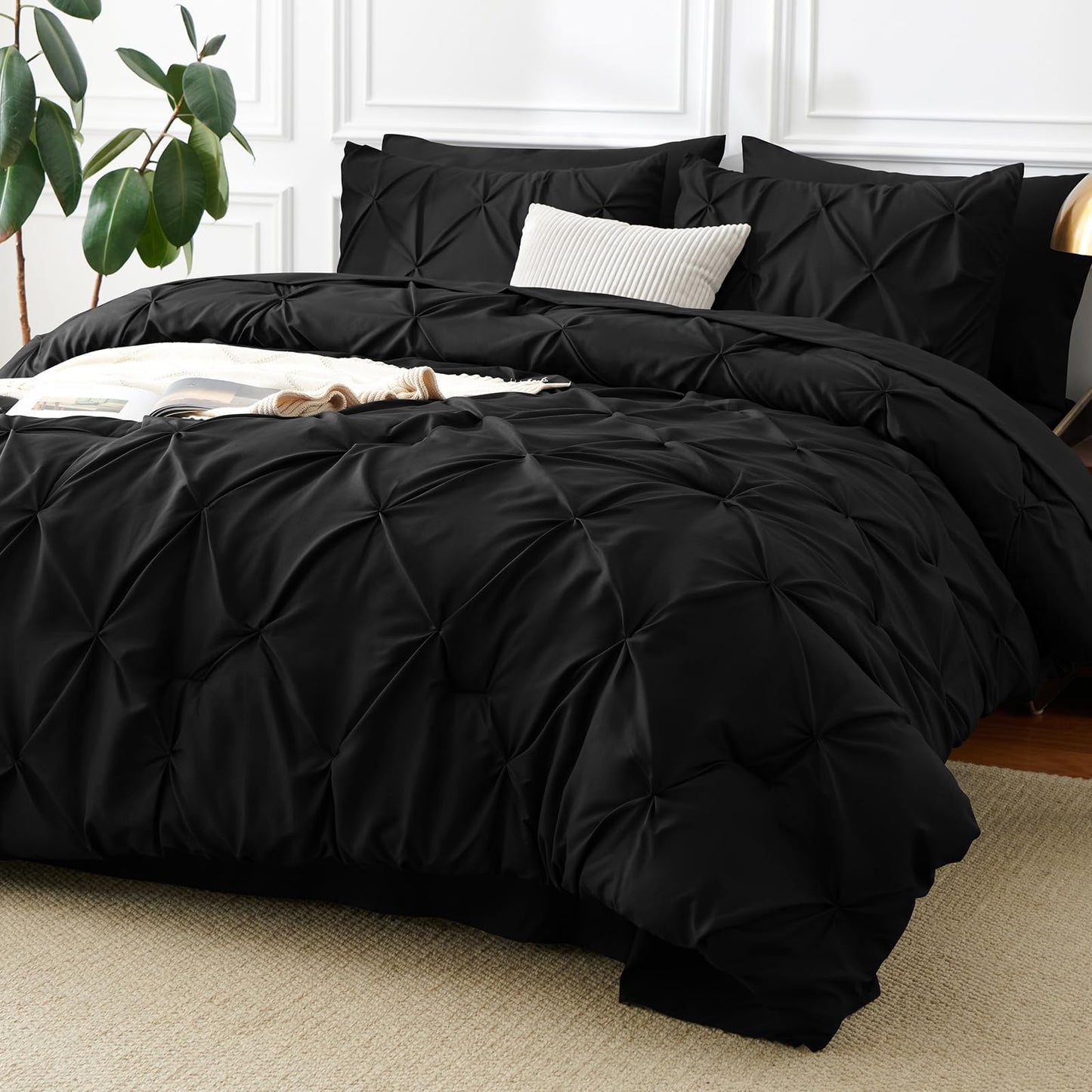 HIMEET Queen Comforter Set Black - 7 Pieces Pintuck Bed in a Bag, Pinch Pleat Modern Room Decor, All-Season Soft Bedding Gift with Comforter, Sheets, Pillowcases & Shams