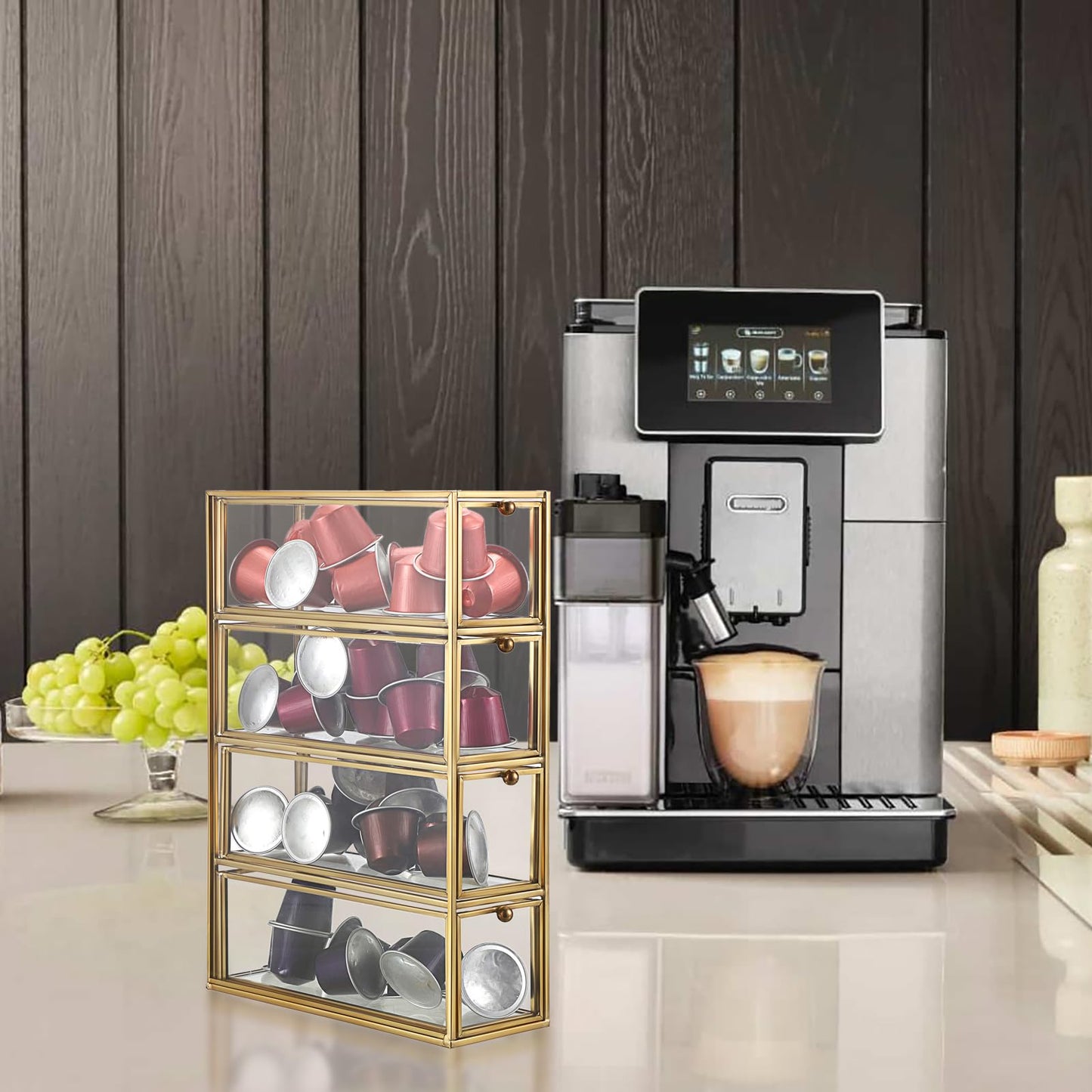ELLDOO Coffee Pod Holder with 4 Drawers, Gold Glass Coffee Pod Organizer for K Cup Espresso, Clear Coffee Capsule Storage Holder for Coffee Bar Office Home Coffee Station Counter