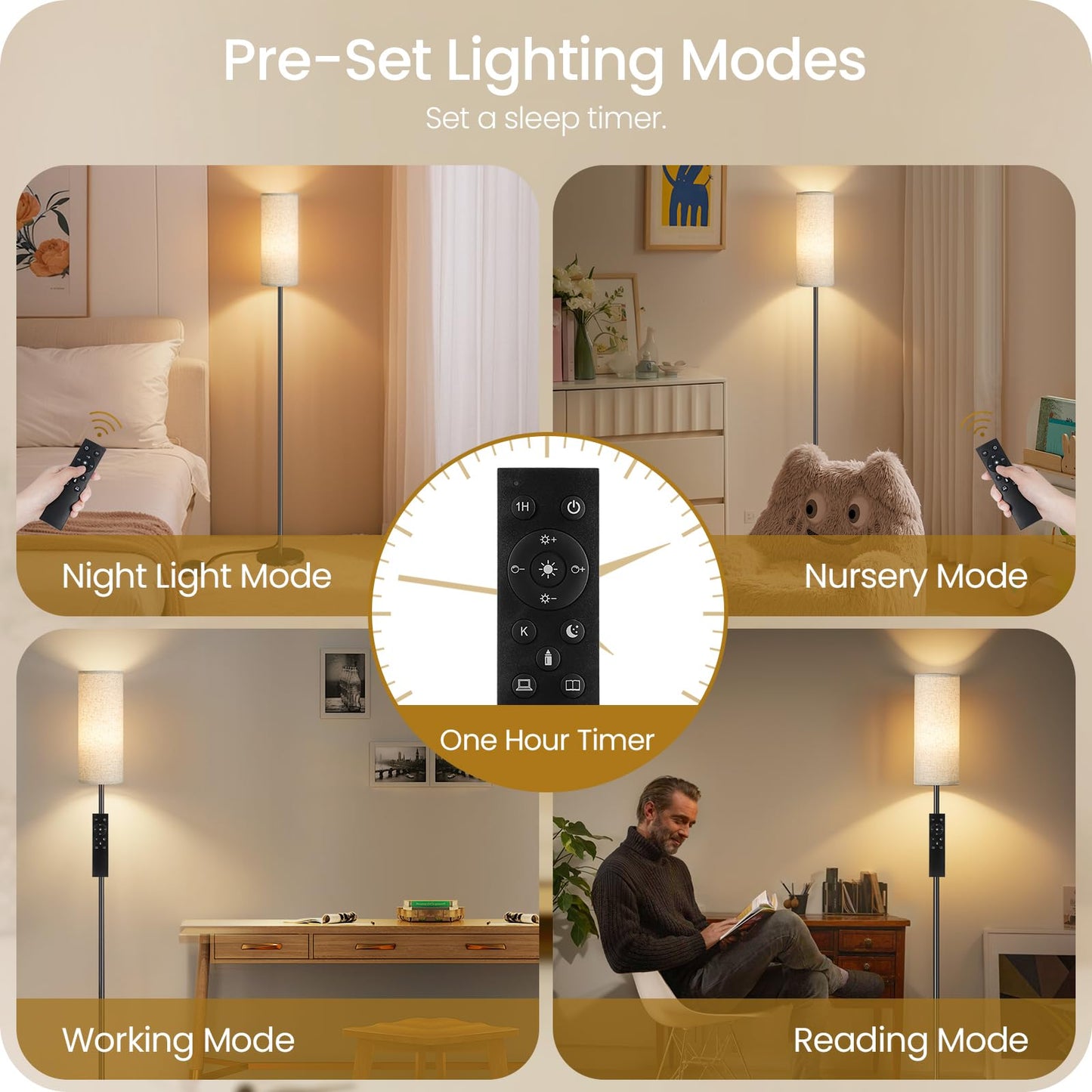 GOEBLESON Set of 2 Dimmable Floor Lamps for Living Room with 2 Remotes and Foot Switch, 64.4”Modern Standing Tall Lamp, Corner Lamp for Bedroom, Bulb Included, 3000K-6500K, Beige Shade E06LDP205W1