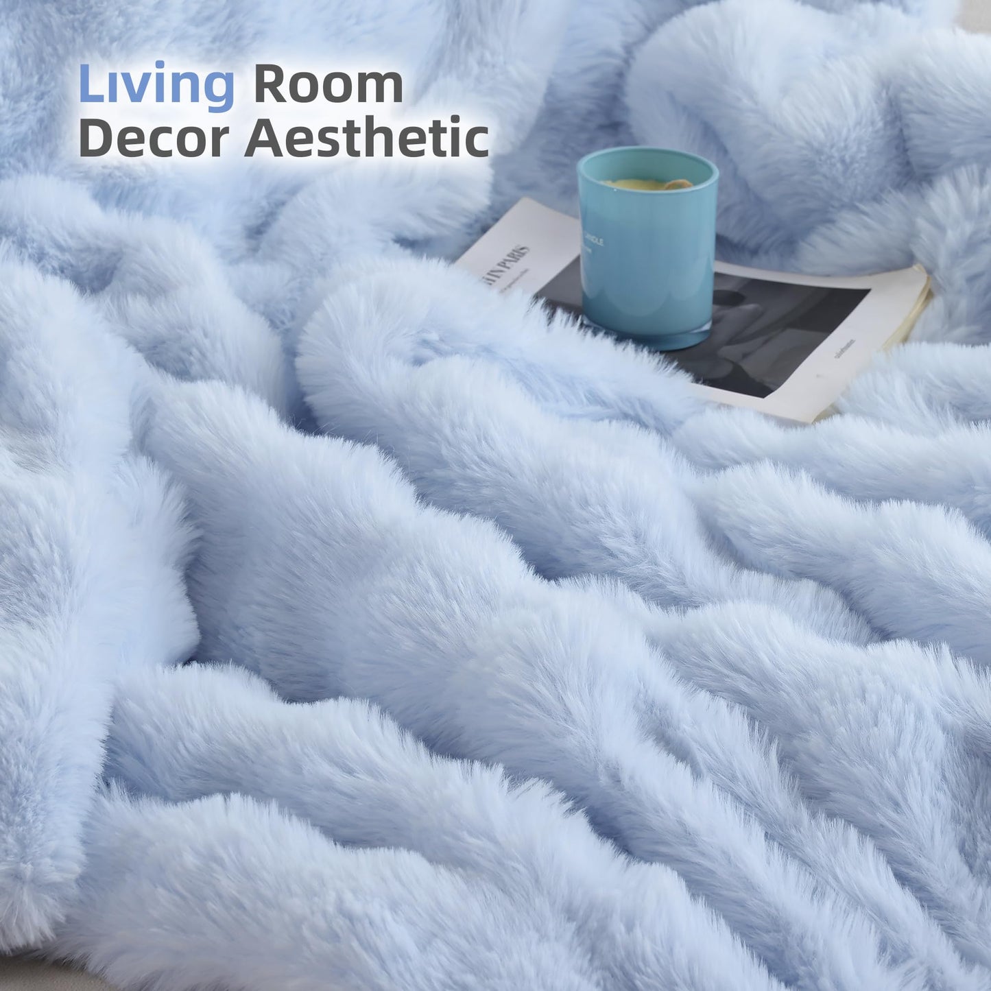 Smoofy Faux Fur Throw Blanket for Couch - Light Blue Super Soft Cozy Bubble Blanket, Fluffy Plush Fuzzy Throw for Sofa & Bed, Thick Lightweight Warm Blanket, Luxury Aesthetic Gift for Women 60"x80"