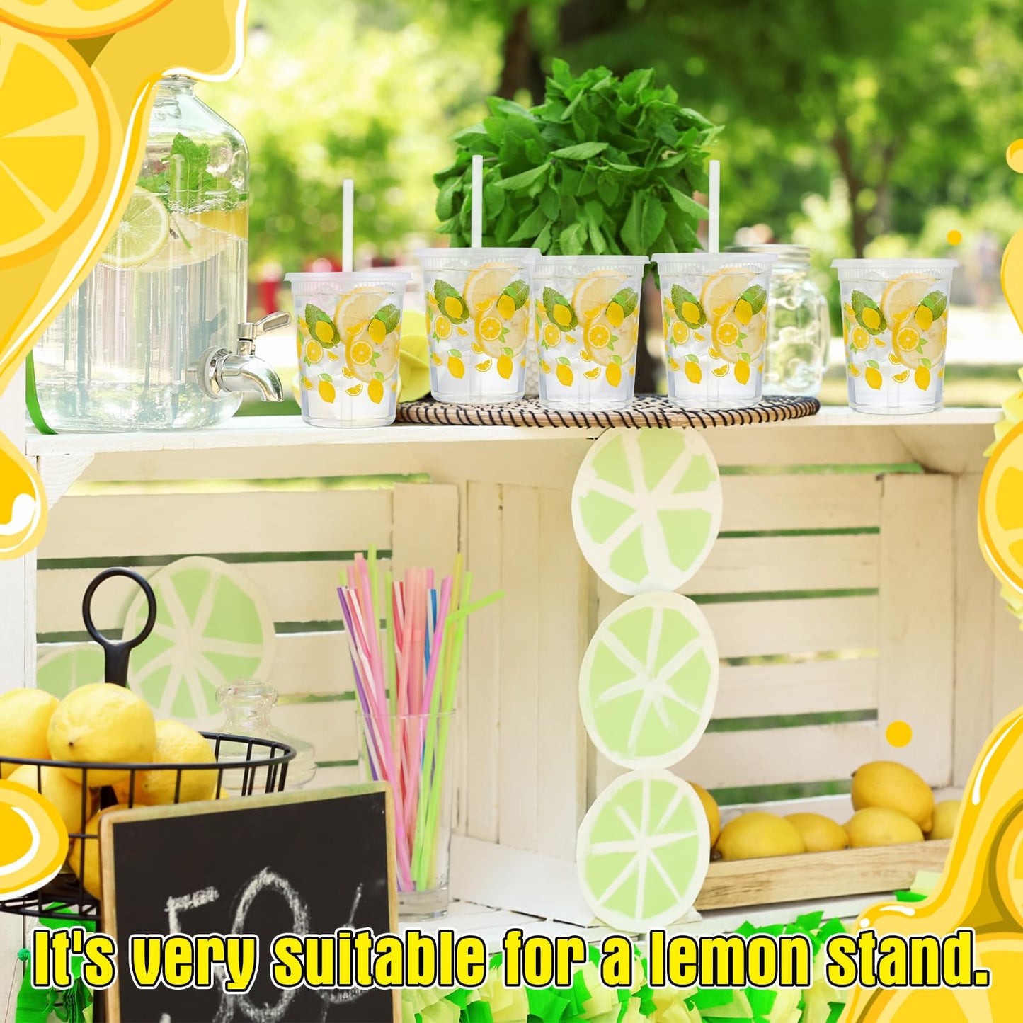 FillTouch 50 Set Lemonade Cups with Lids Straws Plastic Drink Buckets Include Plastic Cups Stainless Steel Straw Hole Puncher Beverage Cafe Drinking Lemonade Stand Supplies(32 oz)