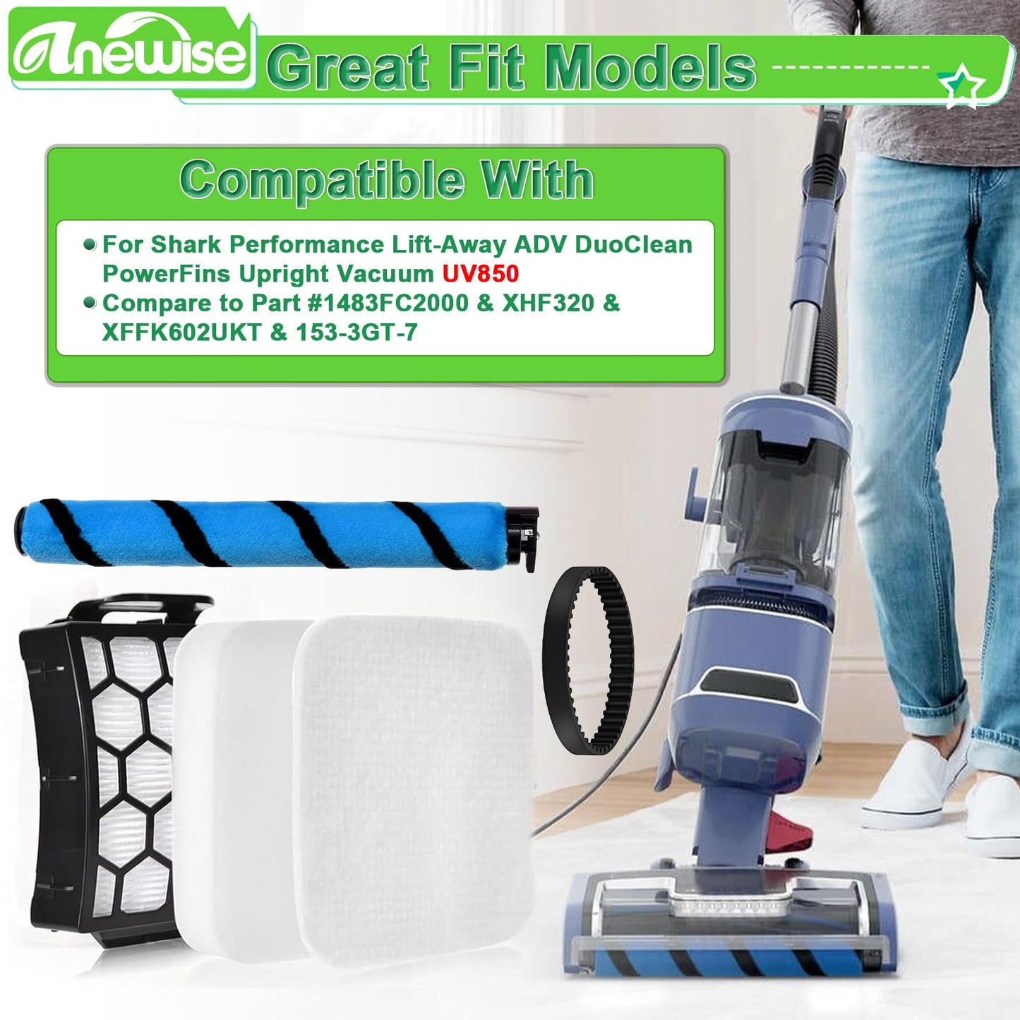 Anewise Filter Brush Belt Replacement Parts for Shark UV850 Performance Lift-Away ADV DuoClean PowerFins Upright Vacuum, 1 Brush Roll+2 HEPA +4 Filters+2 Belts, Part #1483FC2000 & XHF320 & XFFK602UKT