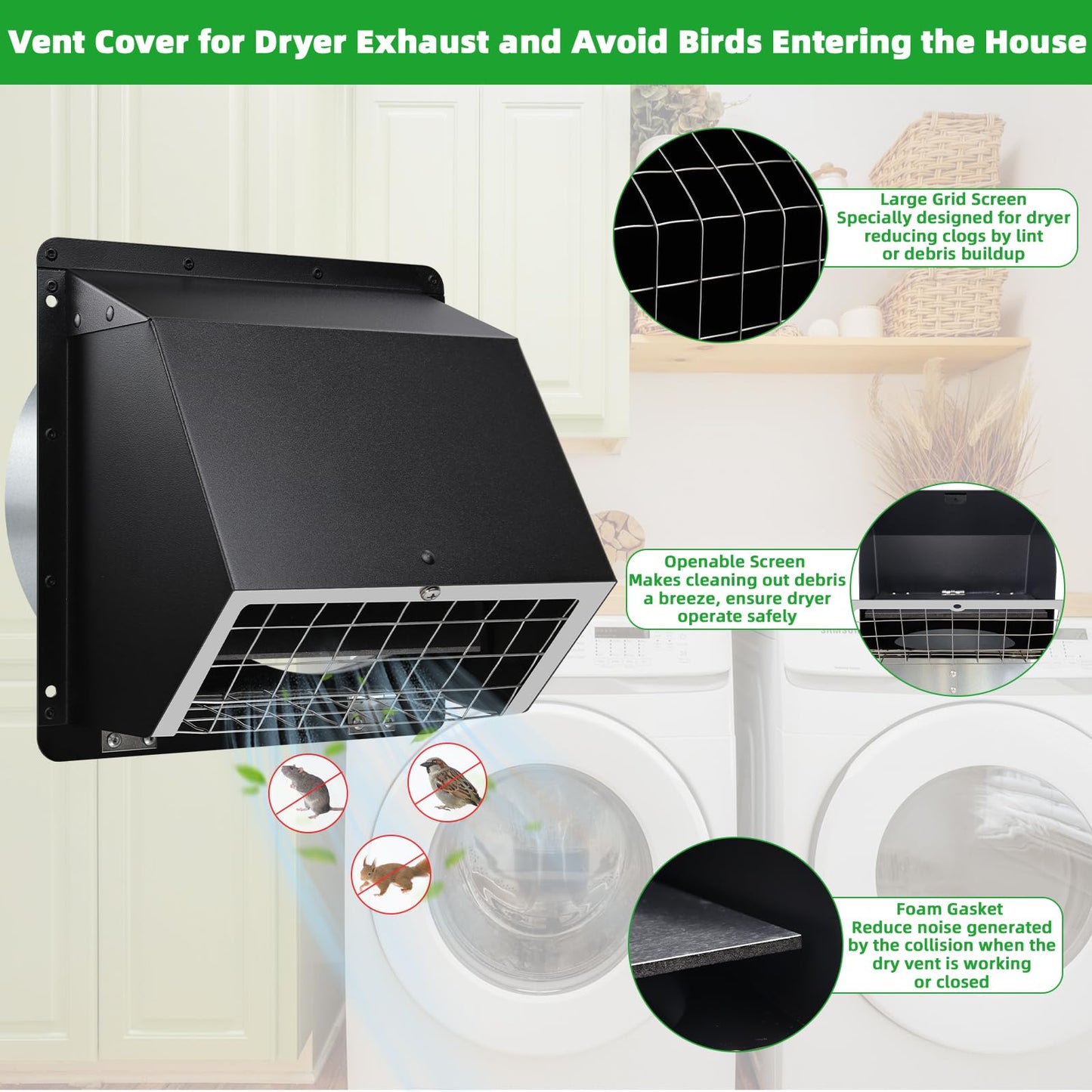 6 Inch Hooded Wall Vent with Flap and Mesh,6" Exhaust Vent Cover Cap for Kitchen Range Hood/Dryer/Bathroom Exhaust Outside,6inch Dryer Vent Cover Exterior Vent Hood with Large Opening,Galvanized Steel