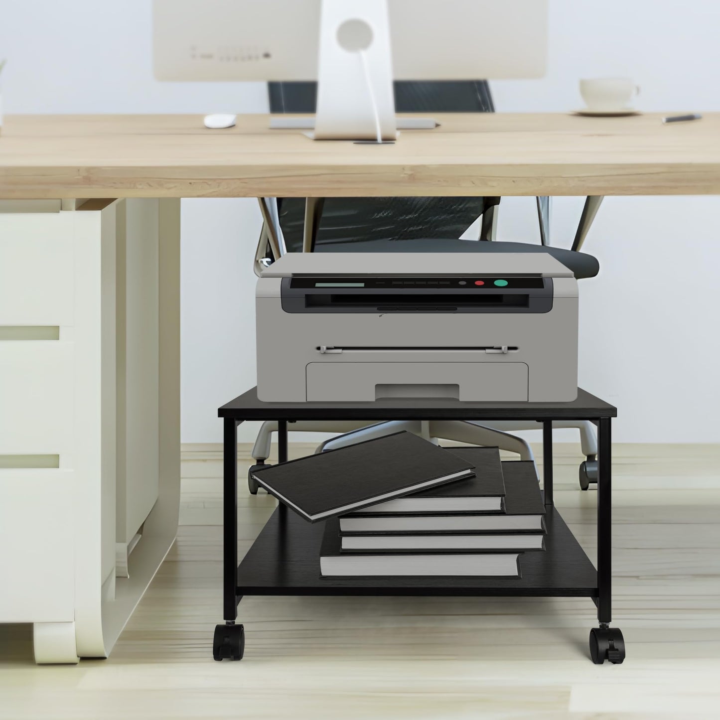EMERIT 2-Tier Under Desk Printer Stand w/Storage - 19.5x19.5x12.8''Heavy Duty Rolling Cart, Mobile Printer Table with Lockable Wheels for Home Office Organization - Industrial Style