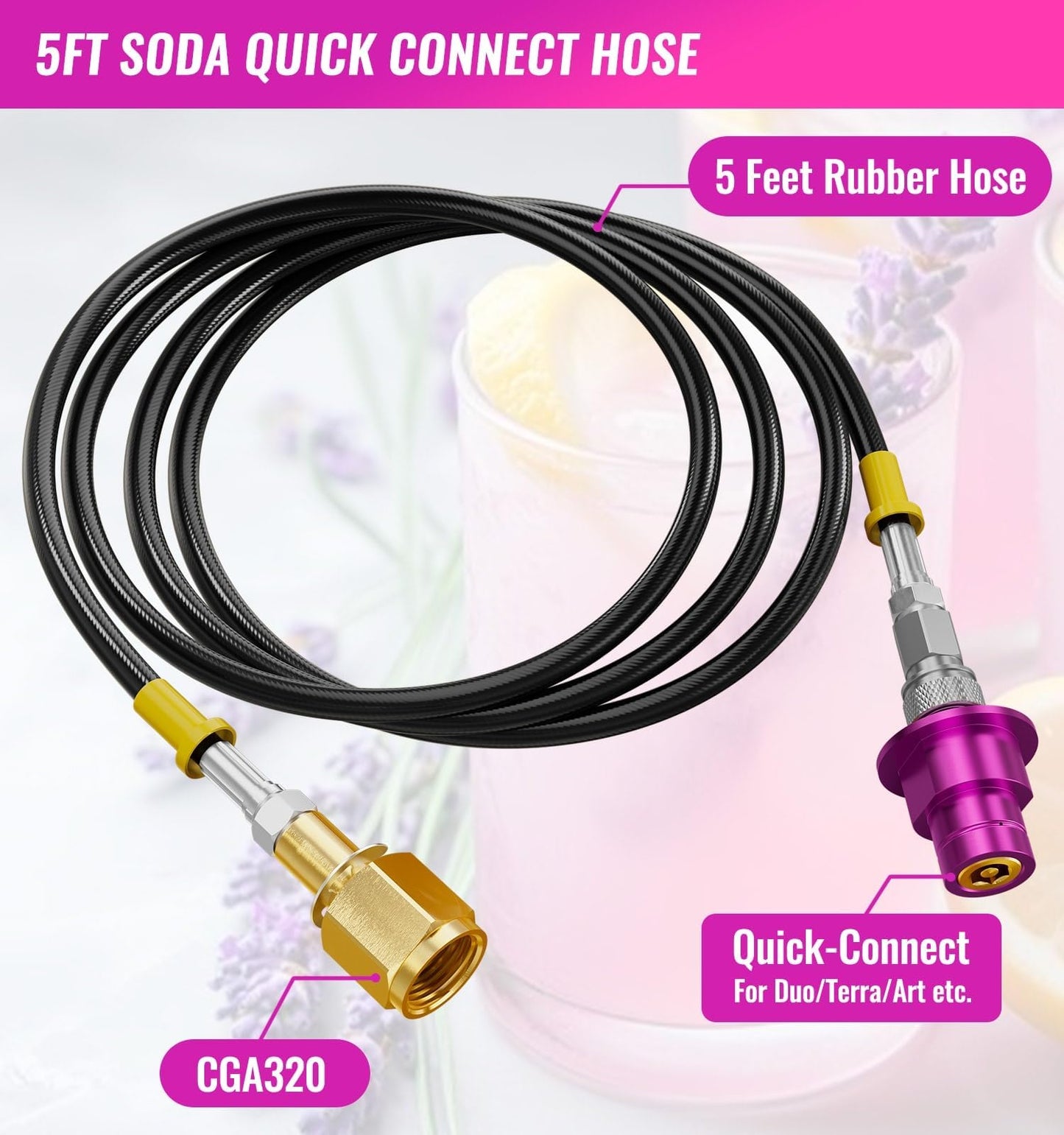 CALPOSE Soda Machine Co2 Adapter, Co2 Refill Quick Connect Adapter with CGA320 Connector, Soda Machine Connector with 60Inch High Pressure Hose Compatible for Terra, Duo, Art, Gaia, Soda Series