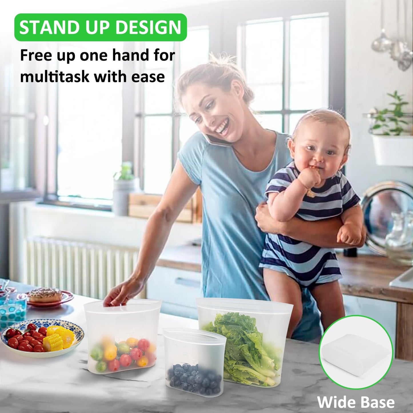 100% Platinum Silicone Reusable Storage Bags, 12 Pack, Premium Silicone Food Storage Bag Stand-Up Wide-Mouth Zip-Lock, Freezer Microwave Oven Dishwasher Safe, 4 M + 4 S + 4 XS, Crystal-Clear