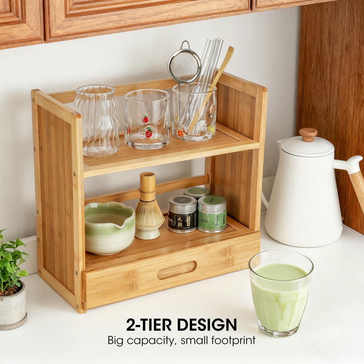 AIEVE Matcha Station Organizer, 2-Tier Bamboo Shelf with Hidden Drawer, Coffee Station Organizer Mug Holder Shelf for Matcha Whisk Set Bowl Cup Scoop Sifter