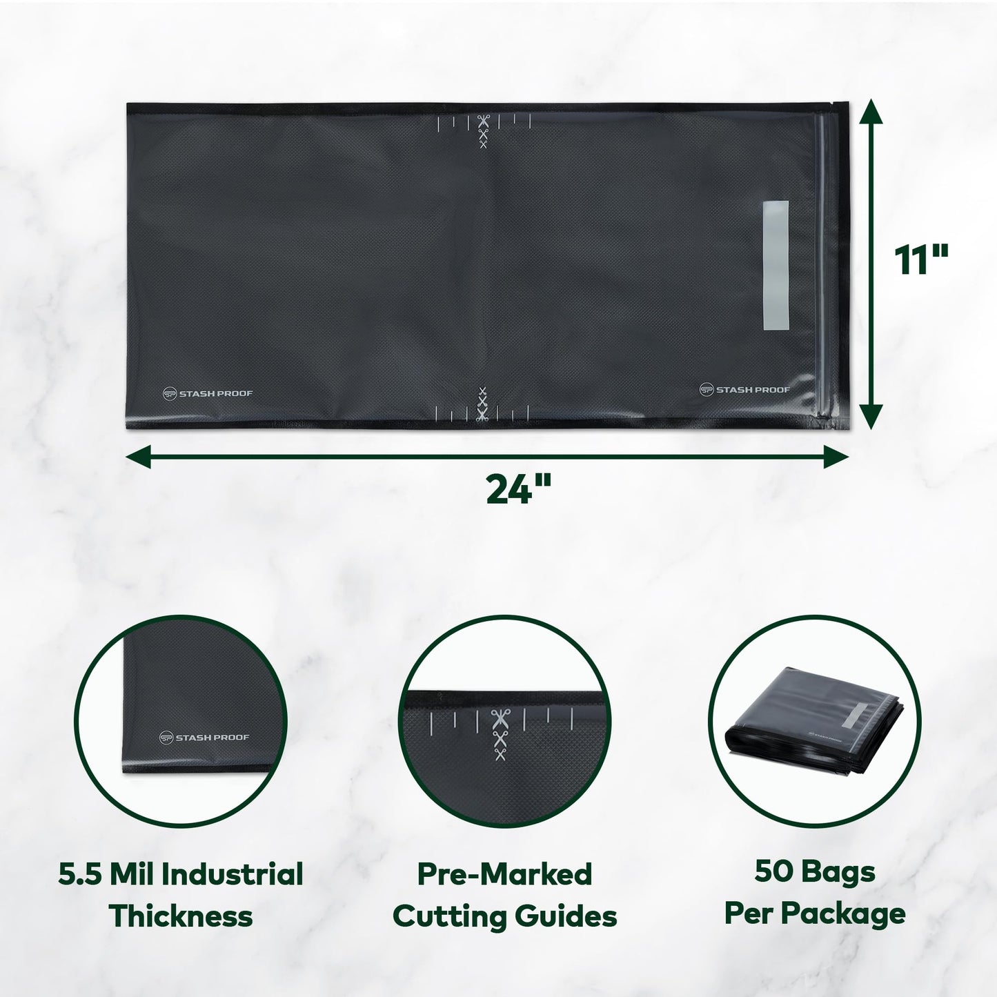 Stash Proof Resealable Zipper Vacuum Seal Bags 11" x 24" (50 Count) 5.5 Mil (Black and Clear) - BPA Free Commerical Grade Food Saver for Storage, Sous Vide, and Meal Prep Sealer Bag