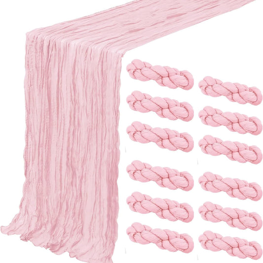 12 Pack Light Pink Cheesecloth Table Runner 35x120 Inch 10Ft Boho Gauze Fabric Table Runner Rustic Sheer Runner for Wedding Birthday Baby Shower Party Boho Table Decoration(Light Pink, 12 Pack)