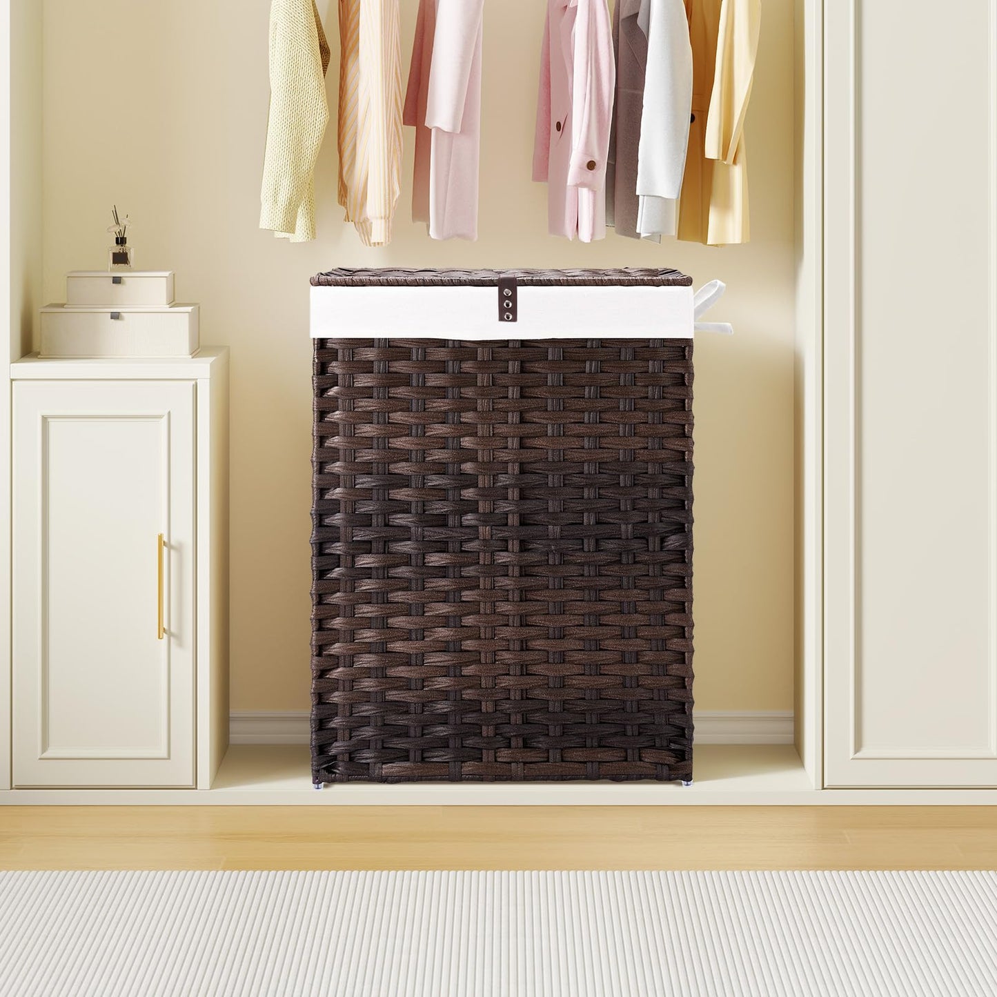 Greenstell Laundry Hamper with Lid, 90L Clothes Hamper with 2 Removable Liner Bags & 2 Mesh Laundry Bags, Handwoven Synthetic Rattan Laundry Basket for Clothes, Toys in Bathroom, Bedroom Brown