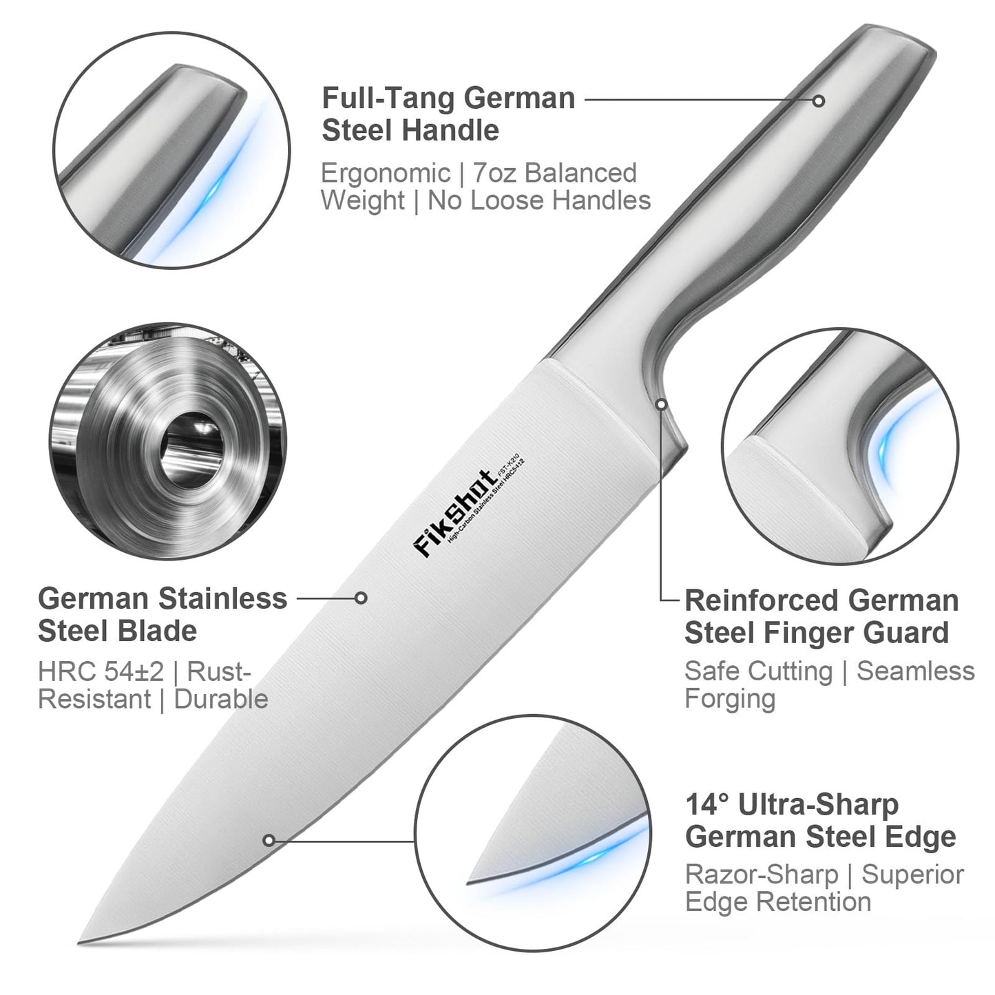 FIKSHOT 14 Pieces Knife Block Set German Stainless Steel with Block, Razor-Sharp Santoku Knives, Fruit & Kitchen Knives, Rust Resistant for Homecooks (Silver + Walnut)