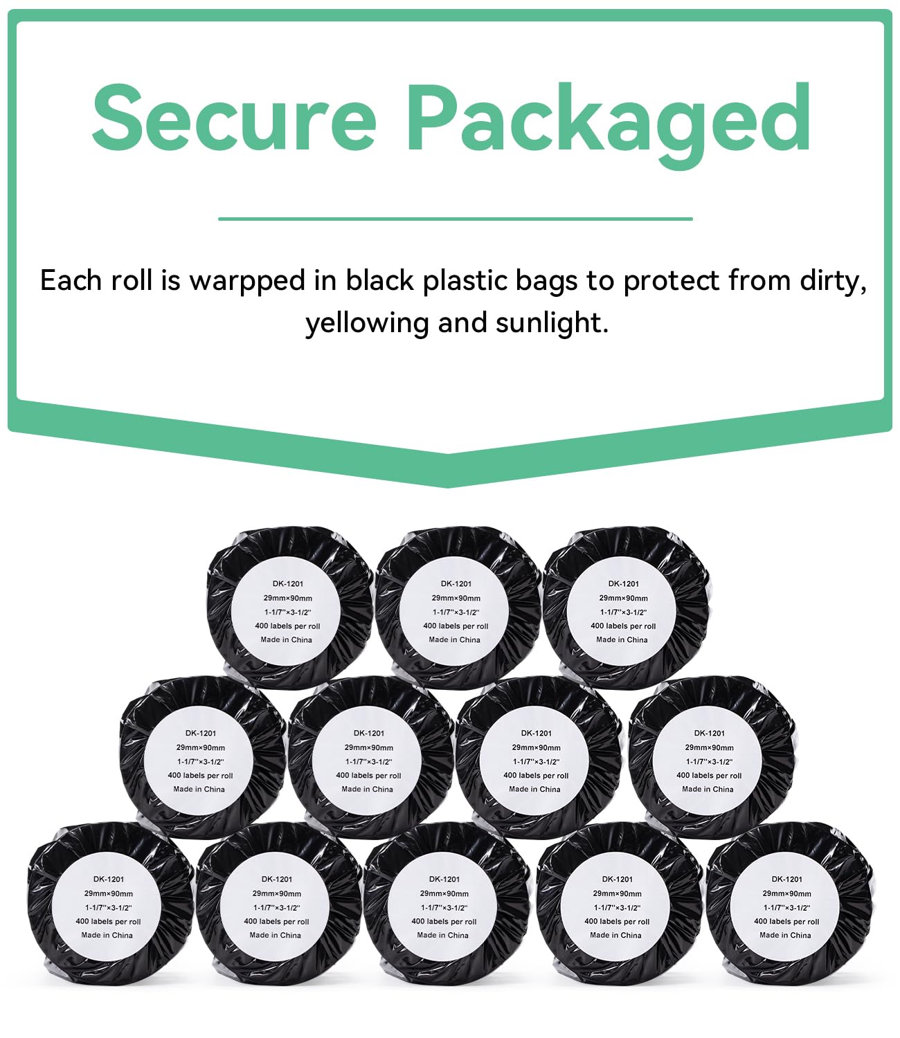 12 Rolls Replace Brother Die-Cut 29mm x 90mm DK Labels QL-800 Standard Address Label DK-1201 (1.1" x 3.5") for QL-810W QL-710W Label Printer, Barcode & All Purpose Label, 4800 Labels + 1 Frame