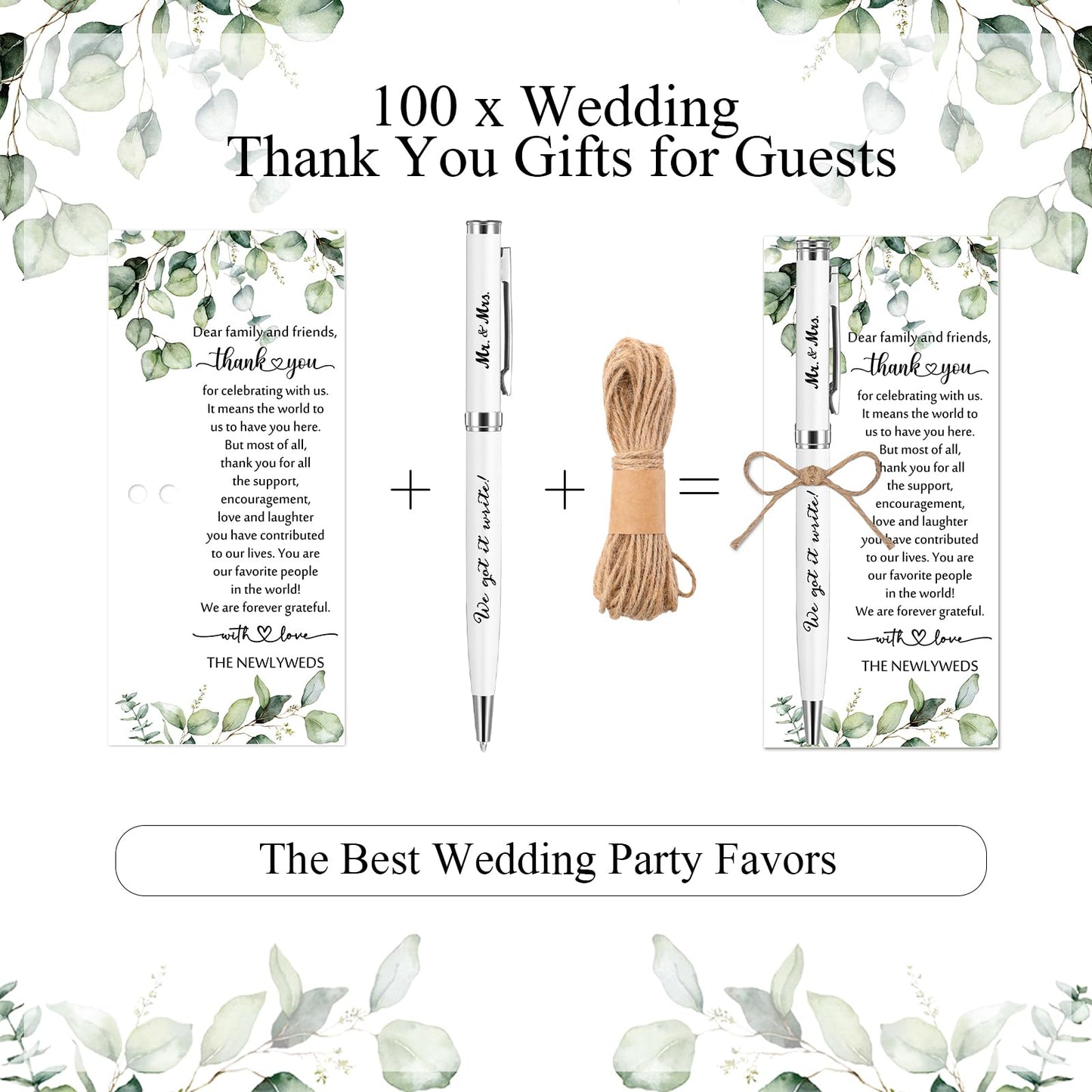 Affrolling 100 Sets Wedding Favors for Guests Bulk Retractable Ballpoint Pen Thank You Cards with Hemp Rope Bridal Shower Gift for Guest Wedding Souvenirs Newlyweds Party Supplies