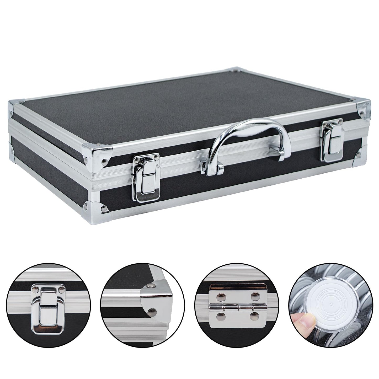 Dnoifne Aluminum Alloy Coin Storage Box with 60 Holders, Fits 6 Sizes (20/25/27/30/38/46 mm), Portable Coin Organizer Case with Foam Inserts & Gaskets, Durable Travel Coin Collection Carrying Case