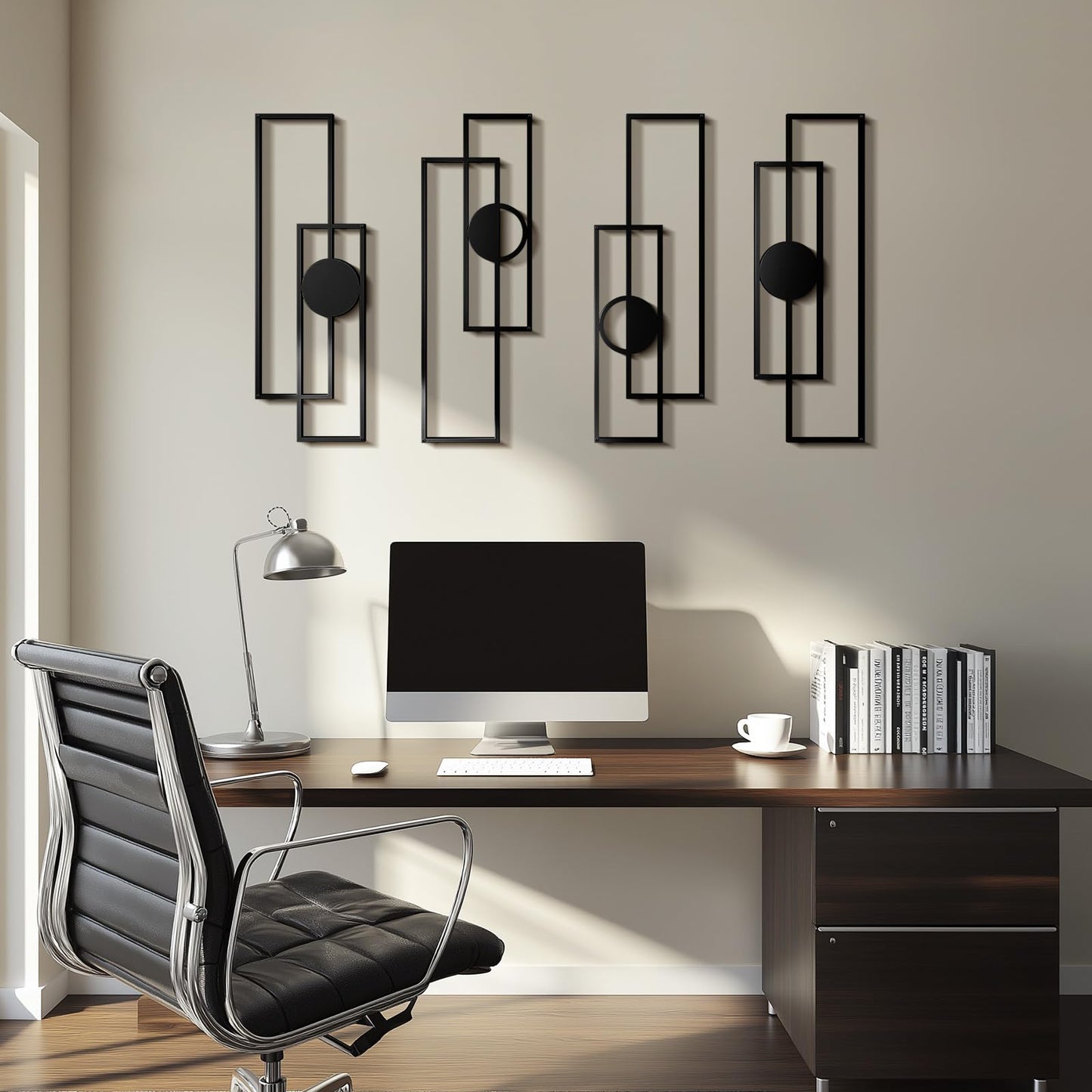 Abstract Black Metal Wall Art Set of 4, Large Modern Geometric Wall Decor with 3D Layered Design for Living Room, Bedroom, Bathroom, Hallway, Minimalist Wall Sculptures