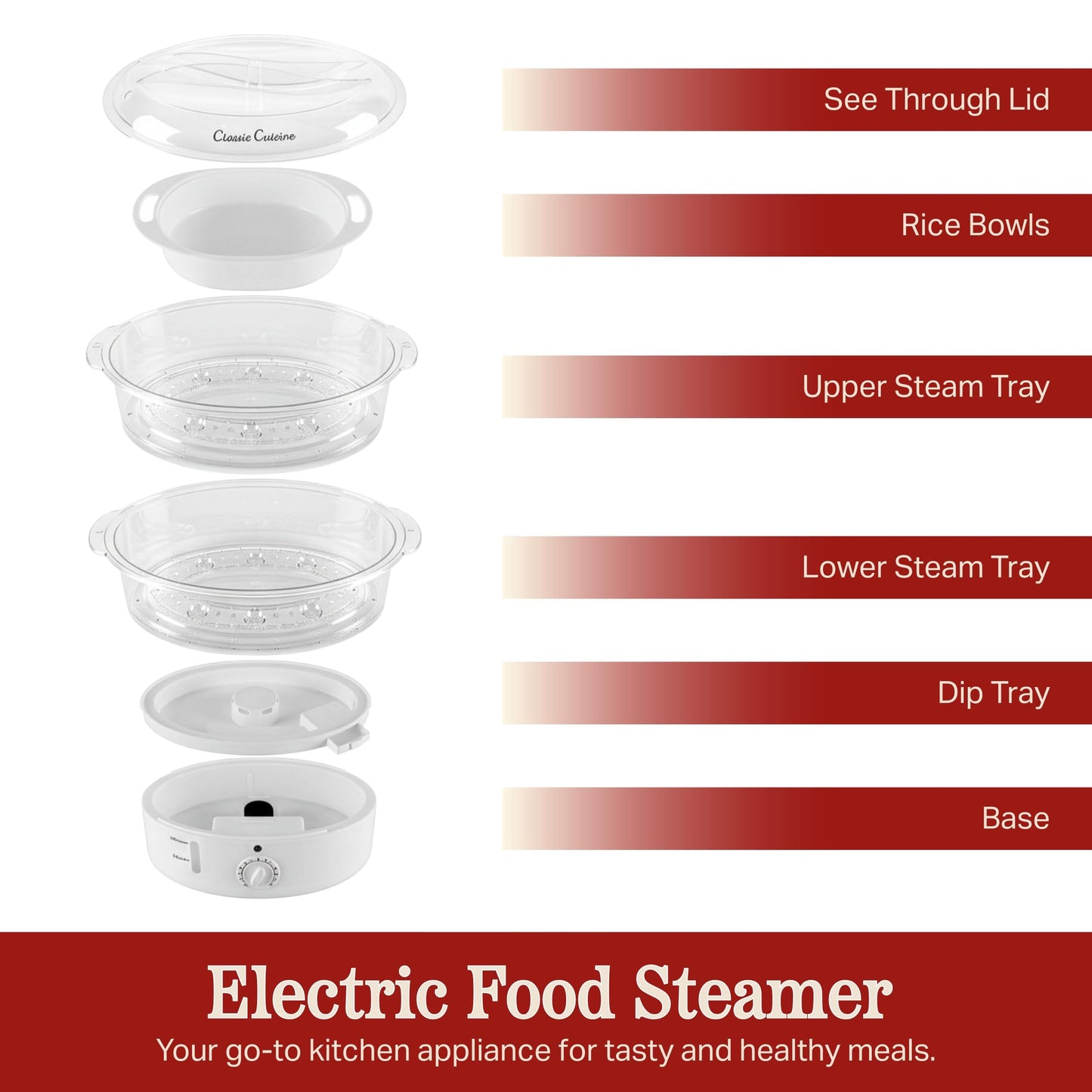Vegetable Steamer Rice Cooker- 6.3 Quart Electric Steam Appliance with Timer for Healthy Fish, Eggs, Vegetables, Rice, Baby Food by Classic Cuisine, 11"D x 11"W x 12.25"H