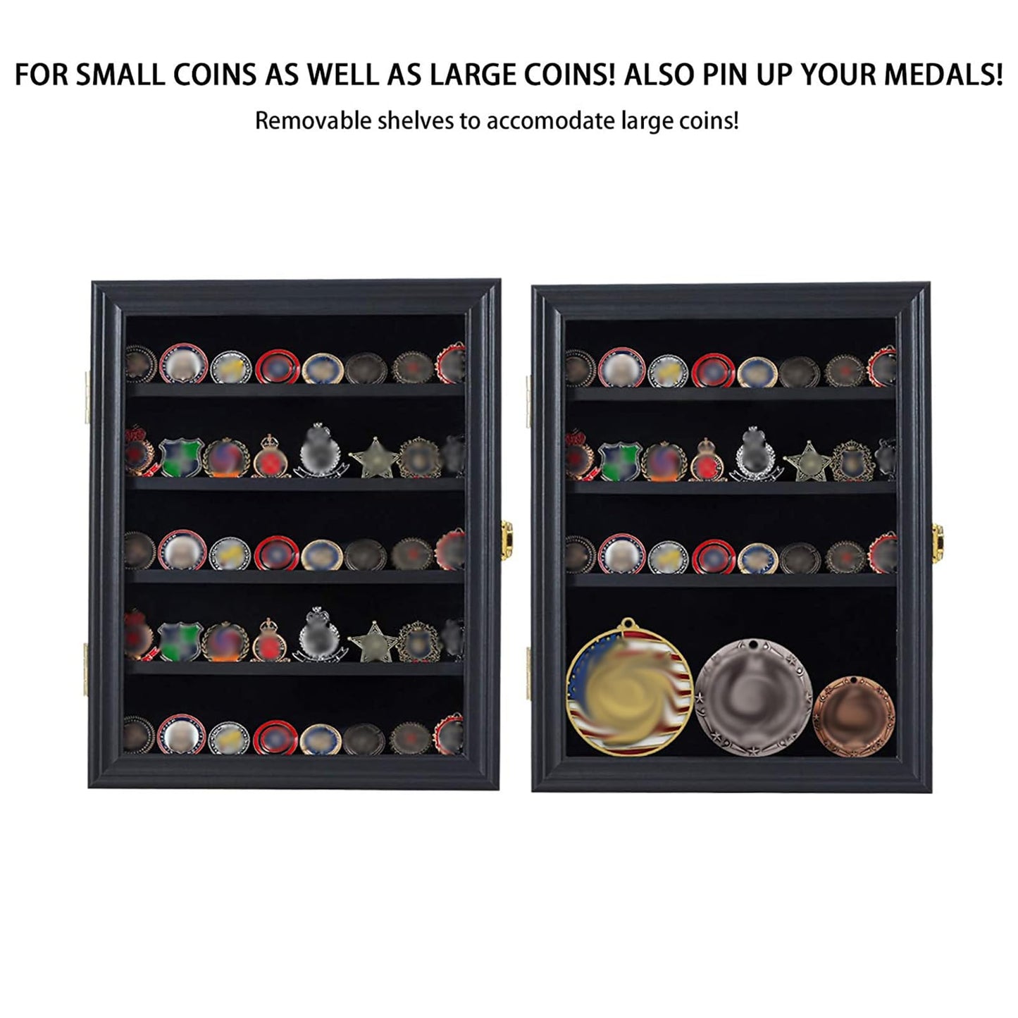 Jinchuan Military Challenge Coin Display Case Lockable Cabinet Rack Holder Shadow Box with Removable 2 Grooves Shelves and Anti Dust Door for Casino Poker Chips Collectibles, Small - Black