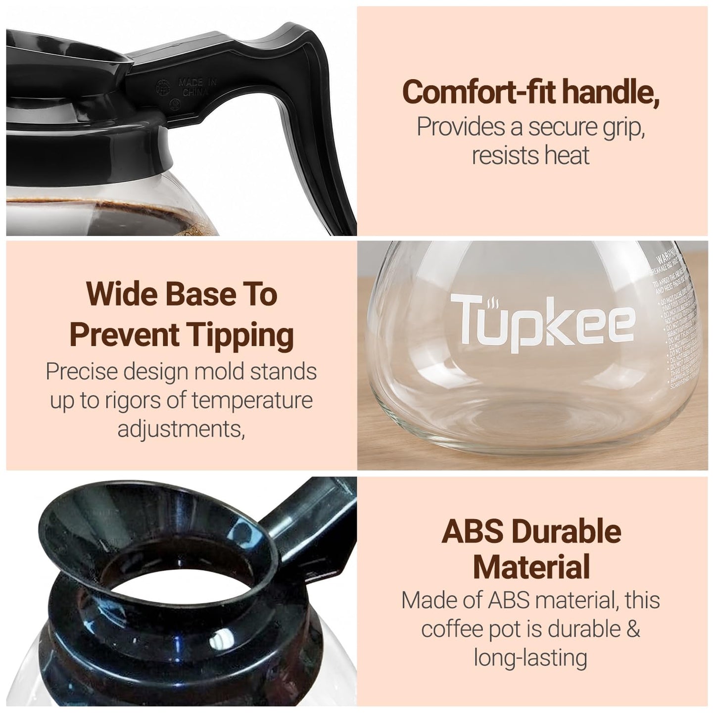 Tupkee Commercial Coffee Pot Replacement - SHATTER-RESISTANT Restaurant Glass Decanter Carafe - 64 oz 12 Cup, Black Handle/Regular, Compatible with Wilbur Curtis, Bloomfield, Bunn Coffee Pot