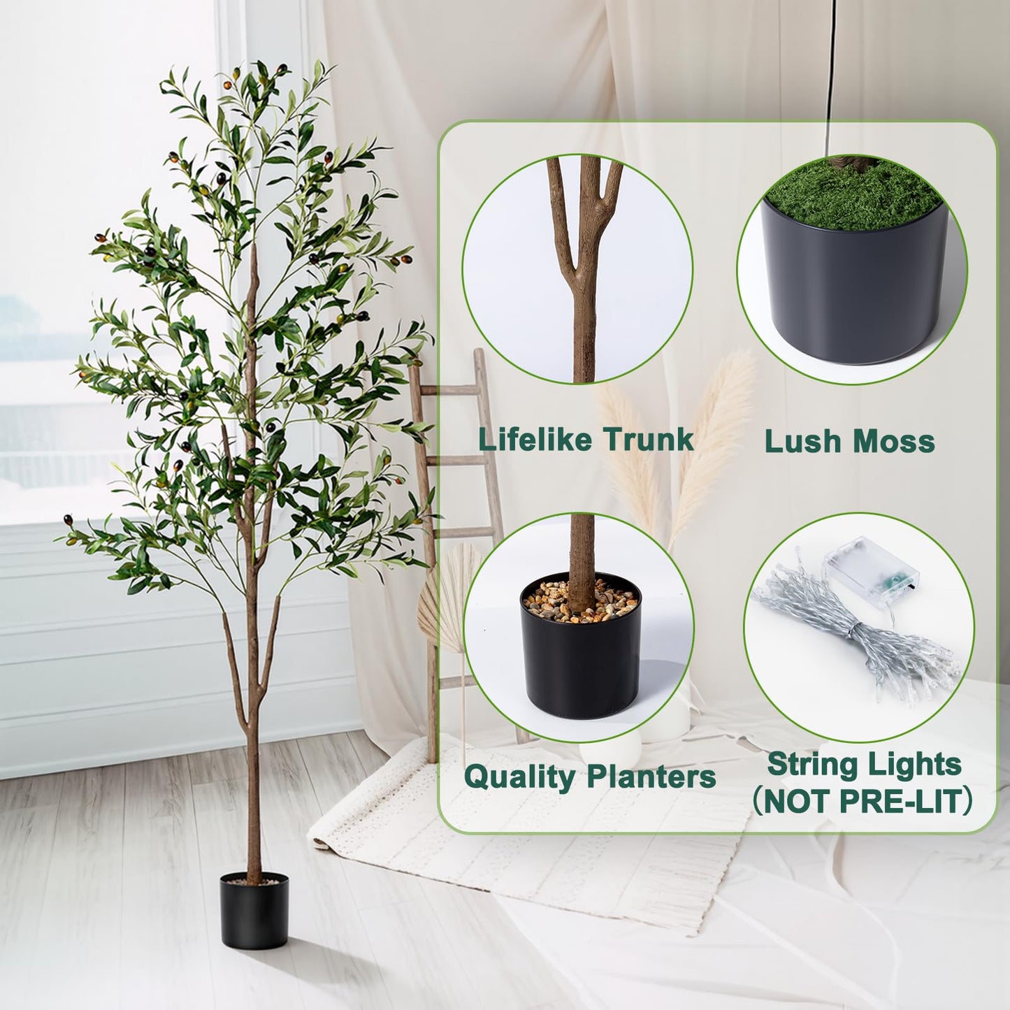 Olive Tree, 6FT Tall Faux Olive Tree with Moss and Planter, Olive Trees Artificial Indoor with Realistic Wood Trunk and Lifelike Fruits, Fake Olive Tree for Home Office Living Room Decor
