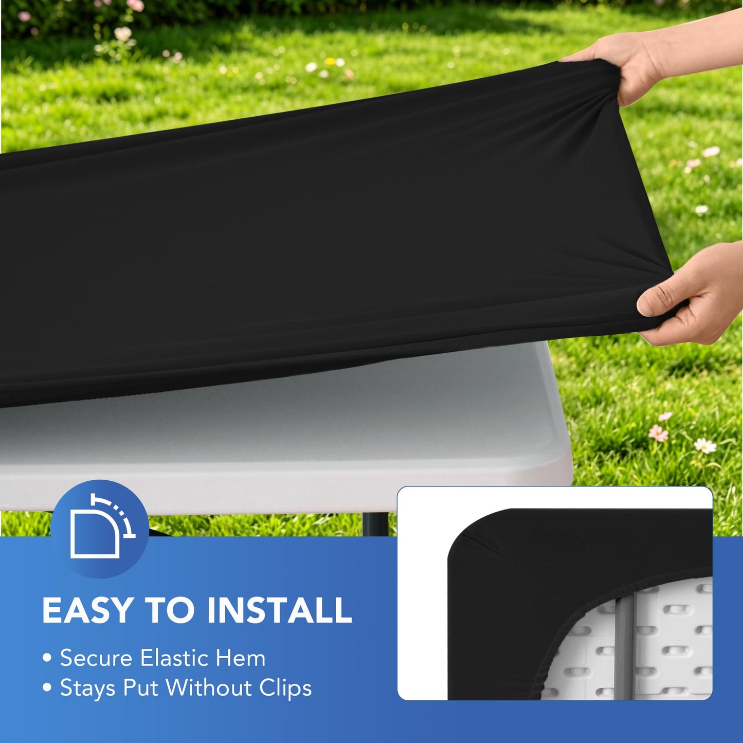 Enjoyidea Fitted Tablecloth for 8 Foot Rectangle Tables-6 Pack Black Elastic Outdoor Picnic Table Cover-Spandex Stretch Folding Table Cloths 8ft for Camping Dining Room Patio Kitchen Banquet Party