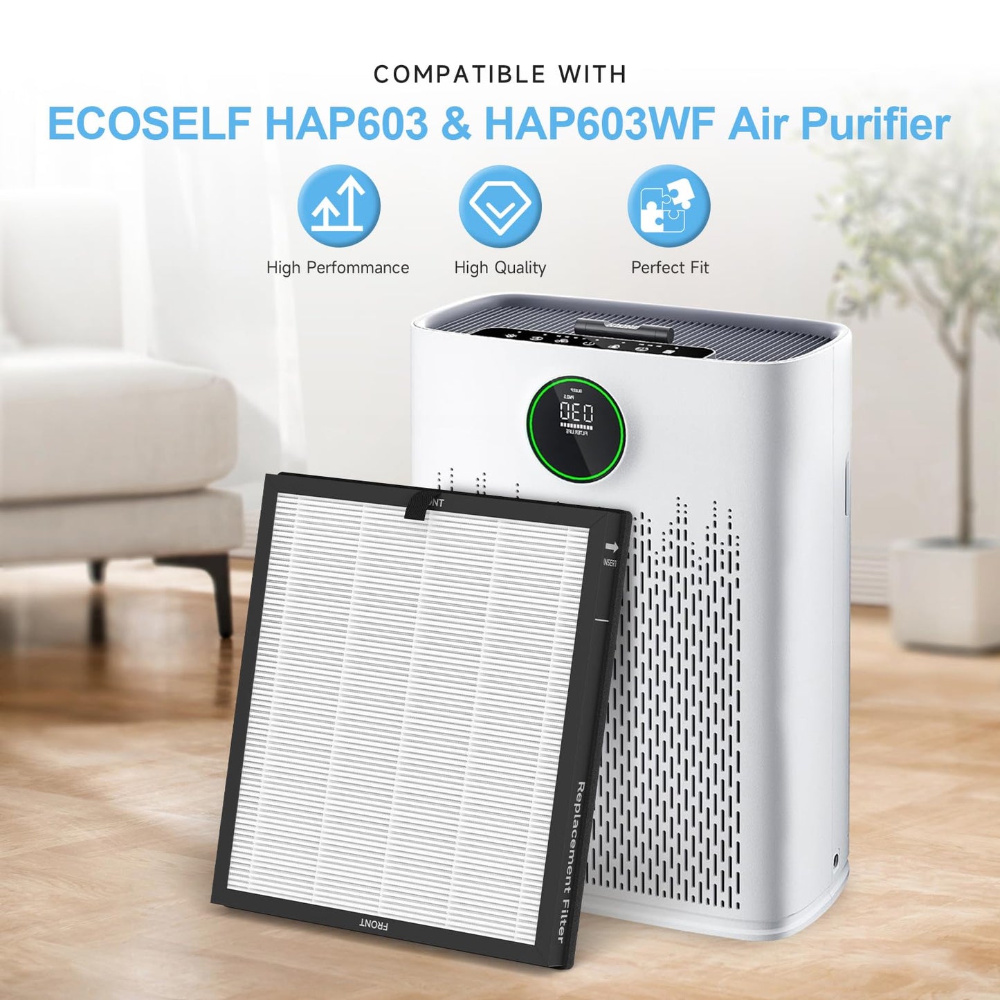 4 Pack HAP603 Replacement Filter Compatible with ECOSELF HAP603 / HAP603WF Air Purifier, 3-in-1 H13 True HEPA Filter with Activated Carbon, # RFHAP603, White
