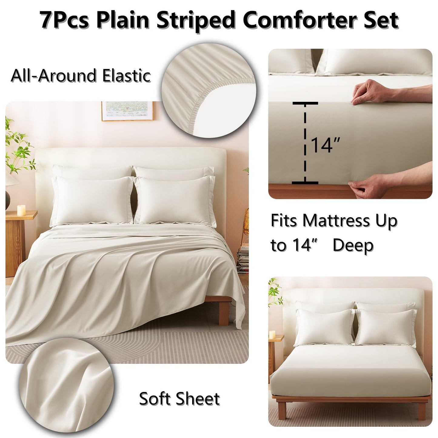 CozyLux King Size Comforter Set Beige - 7 Pieces Bed in a Bag, Modern Vertical Quilted Room Decor, Soft All-Season Bedding Gift with Comforter, Sheets, Pillowcases & Shams