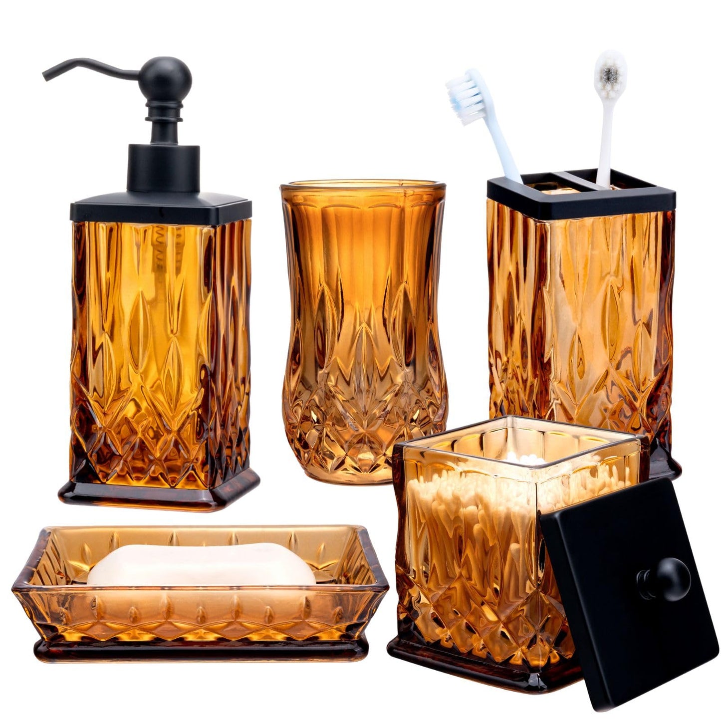 Bathroom Accessories Set,5 Pcs Amber Glass Bathroom Accessory Set,Complete Lotion Soap Dispenser,Toothbrush Holder,Soap Dish,Tumbler & Jar,Modern Bathroom Decor Sets Gift,Square