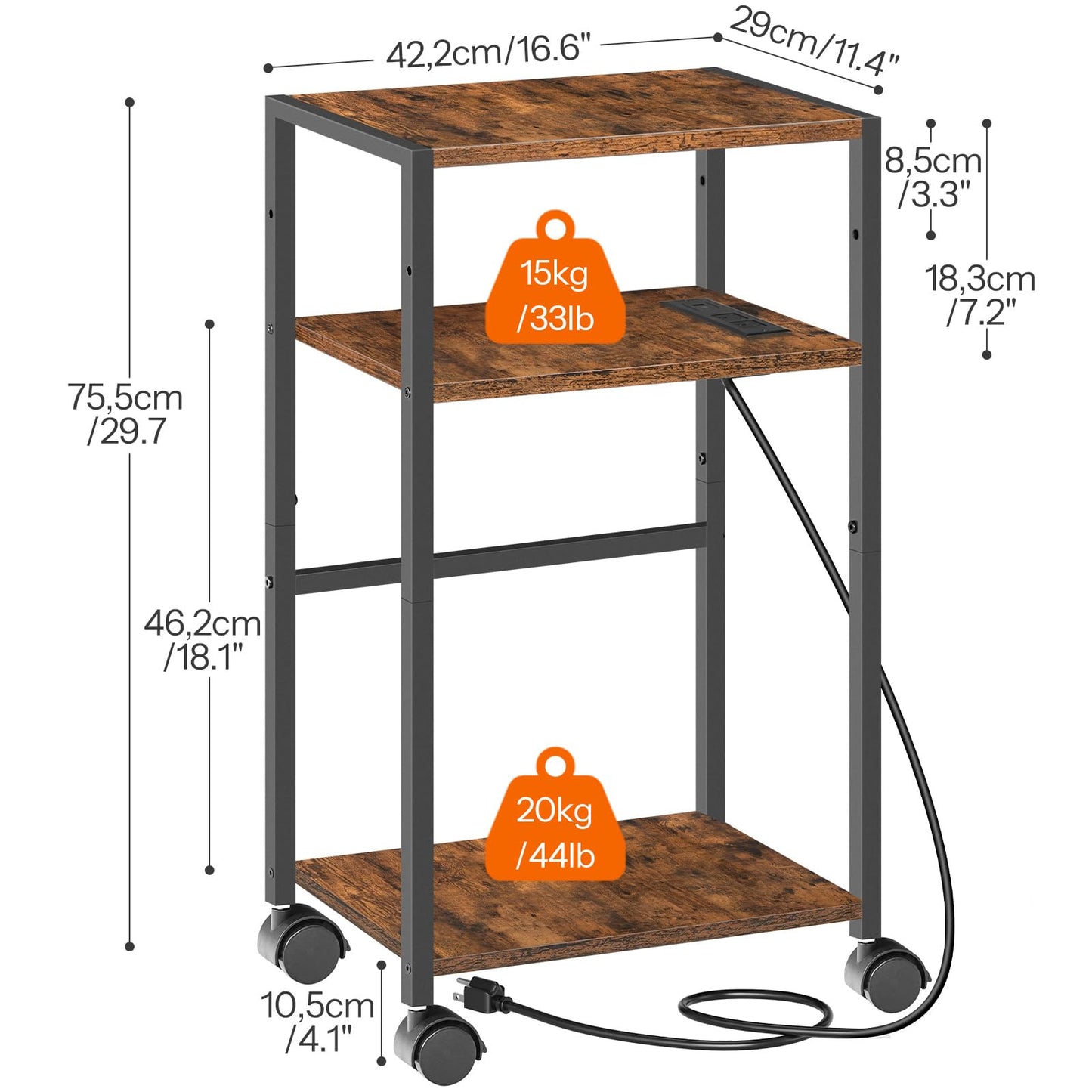 HOOBRO Computer Tower Stand, 3-Tier PC Tower Stand, PC Stand with Charging Station, Mobile CPU Stand Fits Most PC, Adjustable Shelf, for PC Tower, Printer, Home Office, Rustic Brown BF12UCJ01