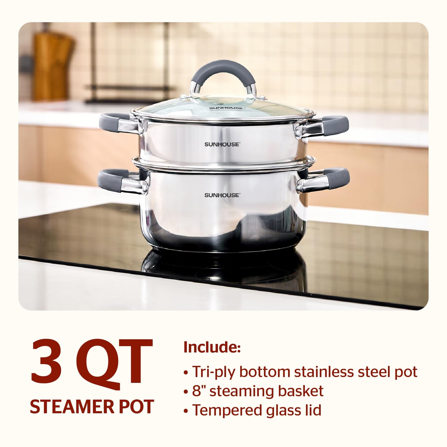 SUNHOUSE Stainless Steel Steamer Pot for Cooking - 3 QT Steaming Pot with Glass Lid & Steamer Basket - 2 Tier Tri-ply Base Vegetable Steamer with Stay-Cool Silicone Handles - Induction Compatible