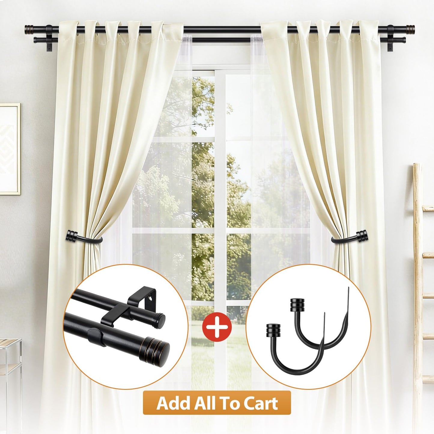 TONIAL1 Inch Double Curtain Rods for Windows 66 to 120 Inches, Heavy Duty Decorative Drapery Rod 32 to 144 Inches with Classic Cap Finial, Black