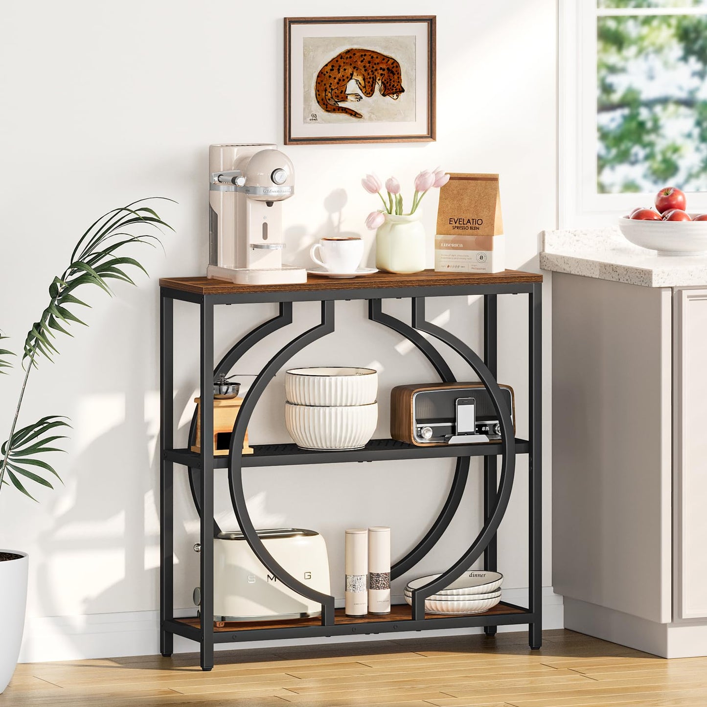 Snughome Entryway Table with 3 Tier Storage Shelves, Narrow Console Table Industrial Sofa Table with Circle Base, Behind The Couch Entrance Table for Hallway, Living Room, Foyer