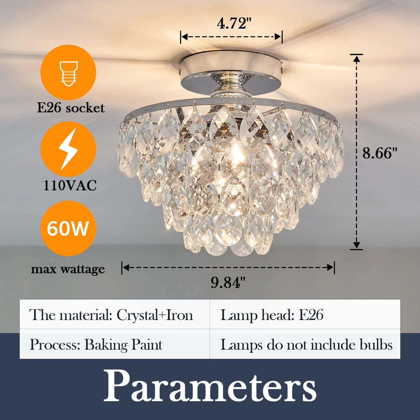 YYJLX Modern E26 Small Crystal Chandelier Semi Flush Mount Ceiling Light Fixture Silver Ceiling Lamp for Hallway Bedroom Bathroom Closet Bedroom Foyer （Chrome）