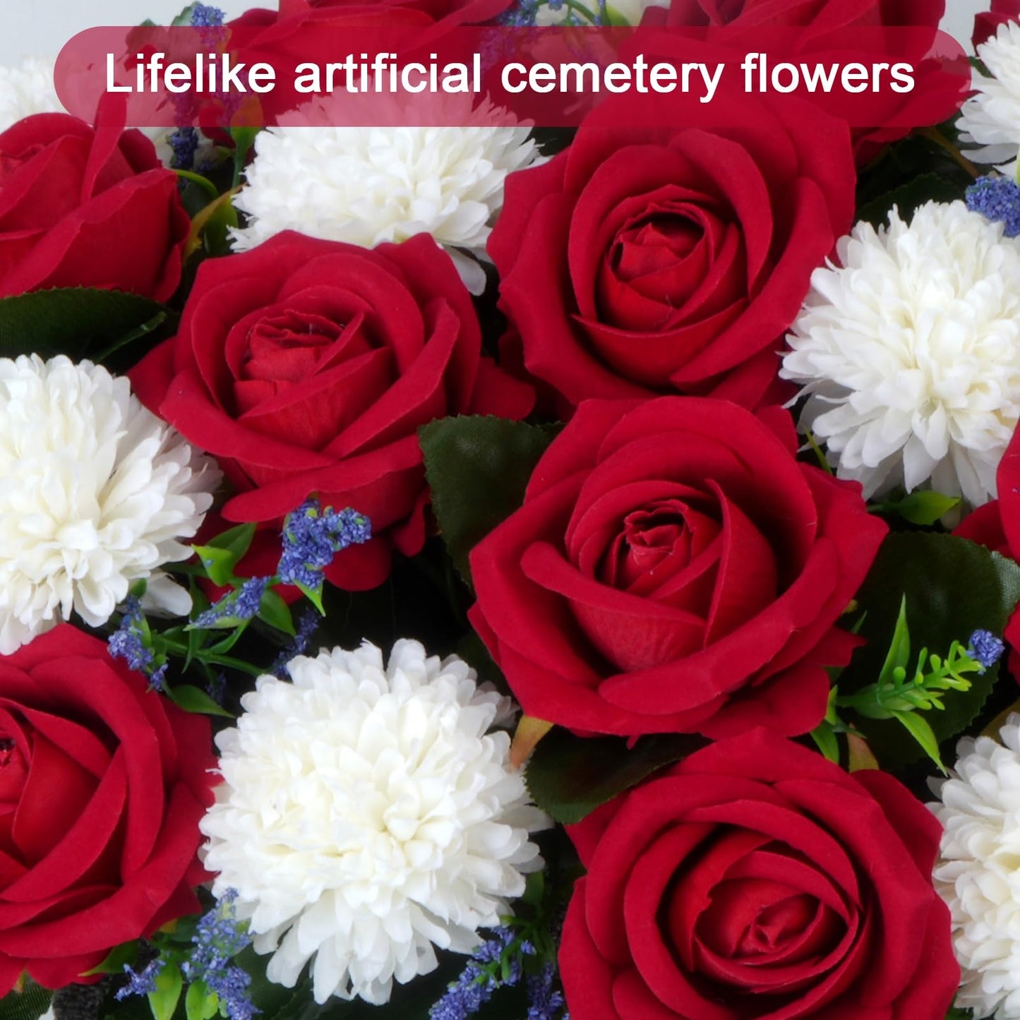 Luabue Artificial Cemetery Flower Headstone Flower Saddle 2 Chrysanthemum Rose Bouquets with Vase Memorial Flowers Grave Saddles for Headstone Outdoor Grave Tombstone Decor (Red White)