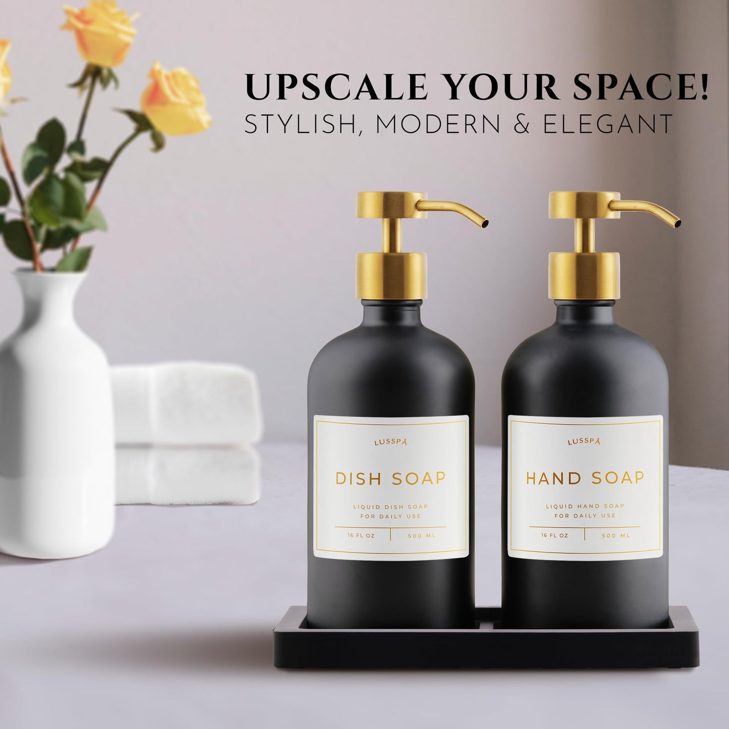 Glass Soap Dispenser Set of 2 (Black) with Silicone Tray | Hand and Dish Soap Dispenser for Kitchen and Bathroom | 16.8 Oz Glass Bottles with Stainless Steel Pump & 15 Waterproof Labels (Black/Gold)