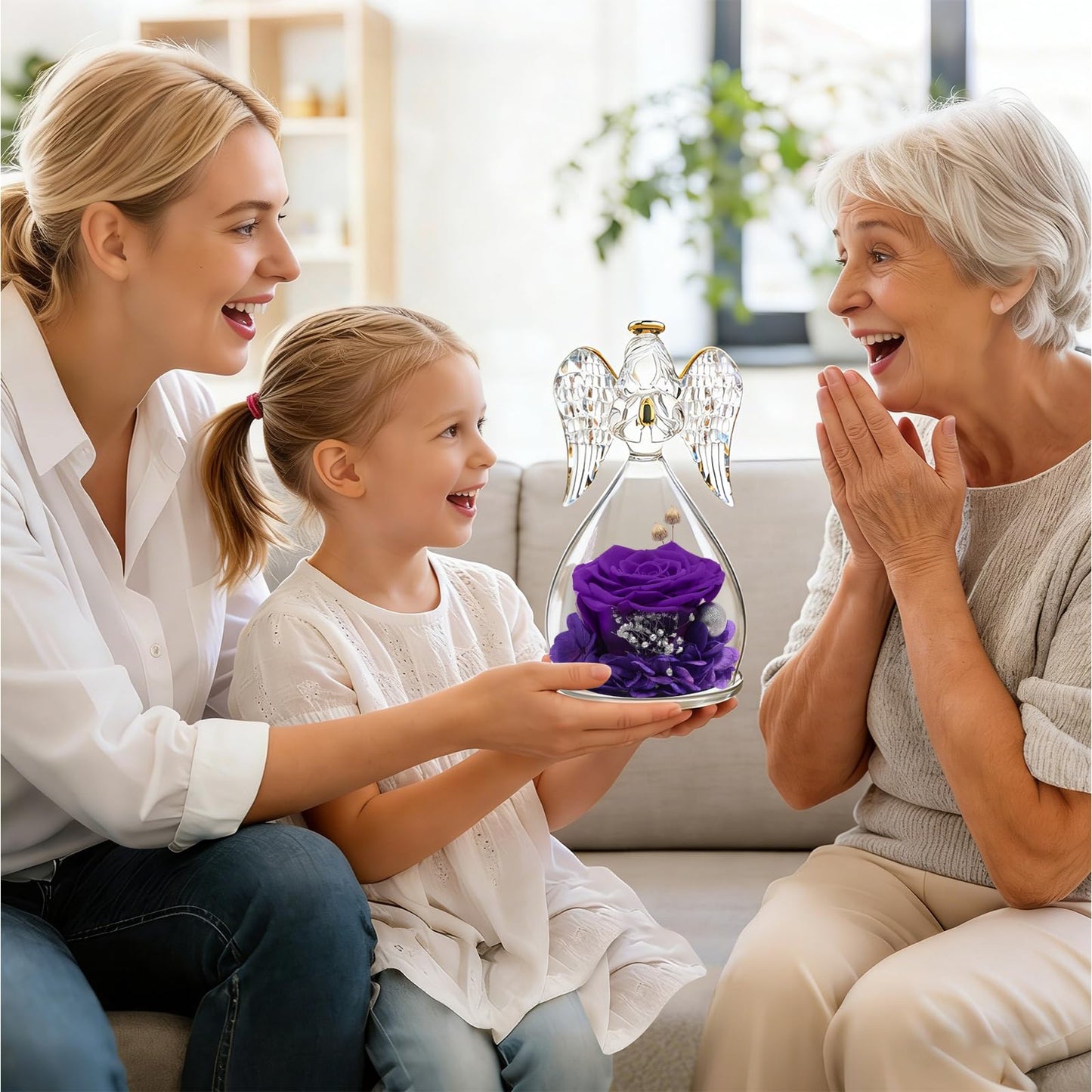 Yamonic Mom Birthday Gifts for Mom Grandma, Angel Figurines with Real Rose Gifts for Women Moms, Preserved Flowers Rose Glass Angel for Mothers Day Christmas Valentine's Day Gifts for Her(Purple)