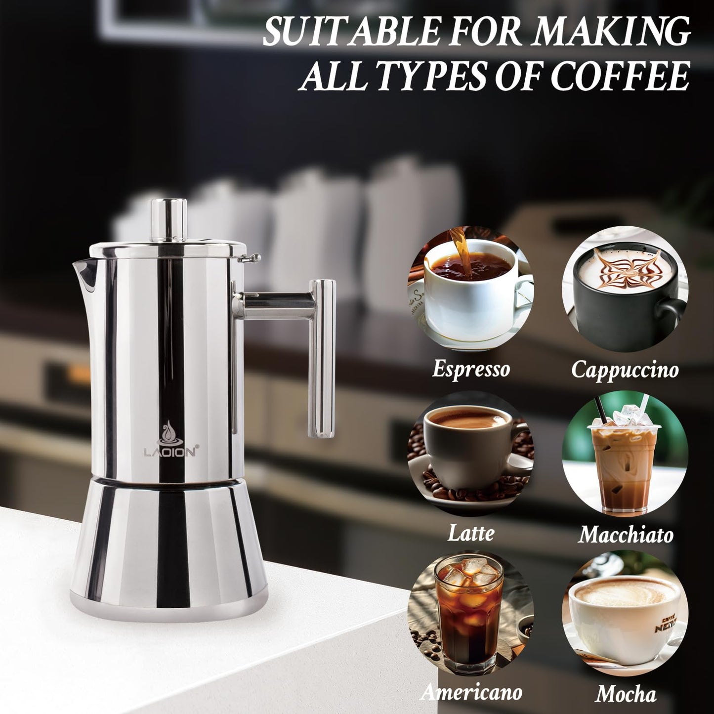 LAOION Stovetop Espresso Maker, 4Cup 6.8 oz Moka Pot, Stainless Steel Cuban and Italian Coffee Maker for Cafetera Cubana, Greca De Cafe Induction Stovetop Compatible, Coffee Gift for Home Travel