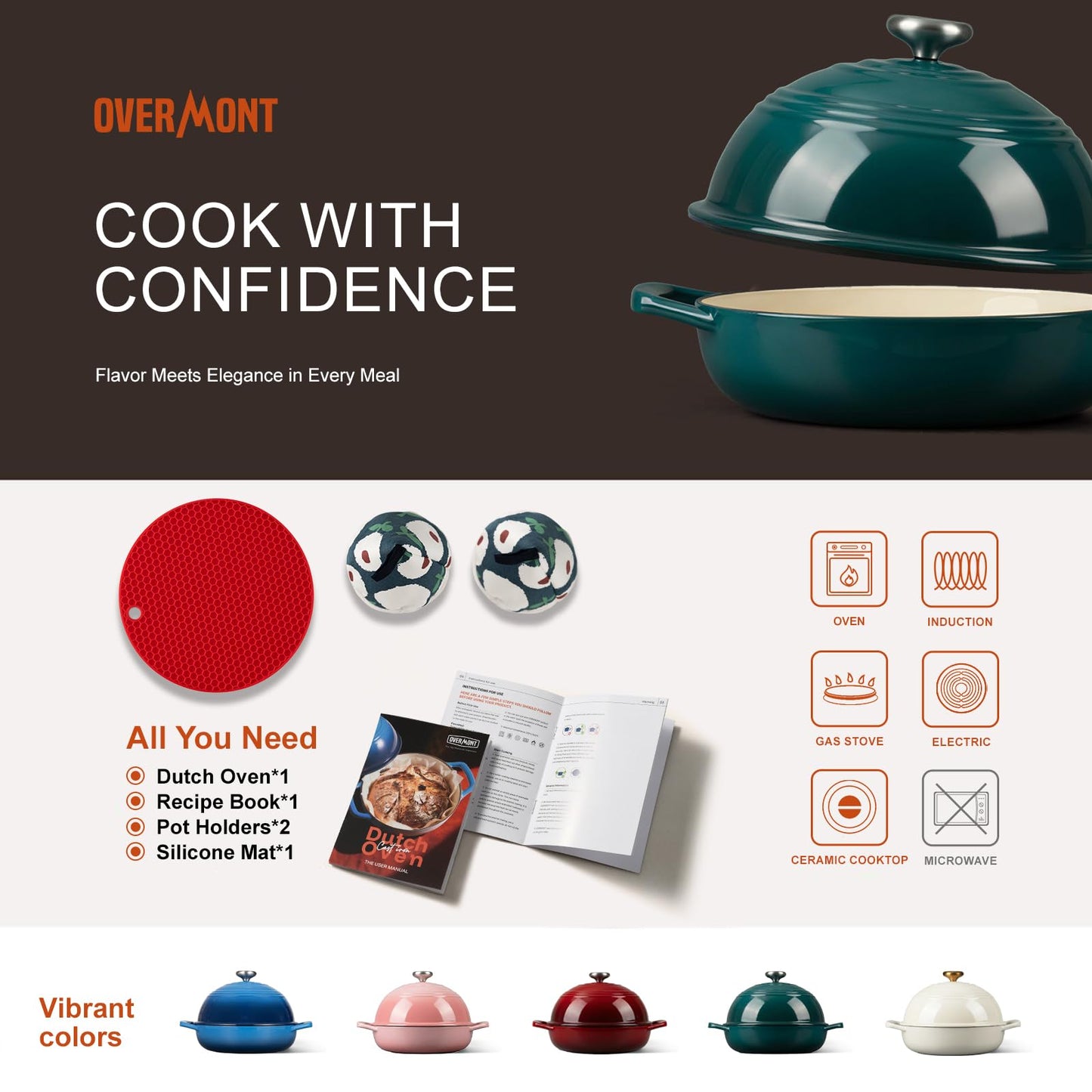 Overmont Enameled Cast Iron Bread Oven - 6QT Bread Dutch Oven for Sourdough Baking - Bread Pot with Dome Lid Cotton Potholders & Cookbook - Multi-Functional Bread Pan For Baking Frying Roasting
