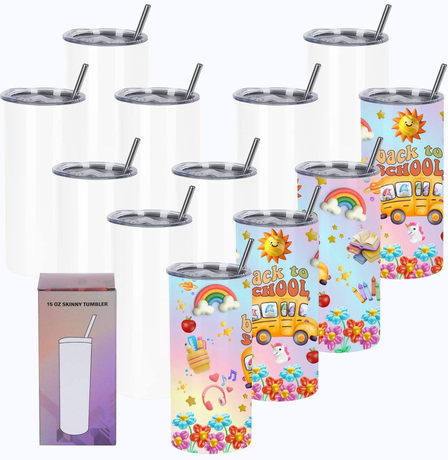 Wzaytia 15 Oz Sublimation Tumblers Blank (12 Pack), Skinny Straight Kids Sublimation Tumblers Bulk, Individually Gift Boxed,
